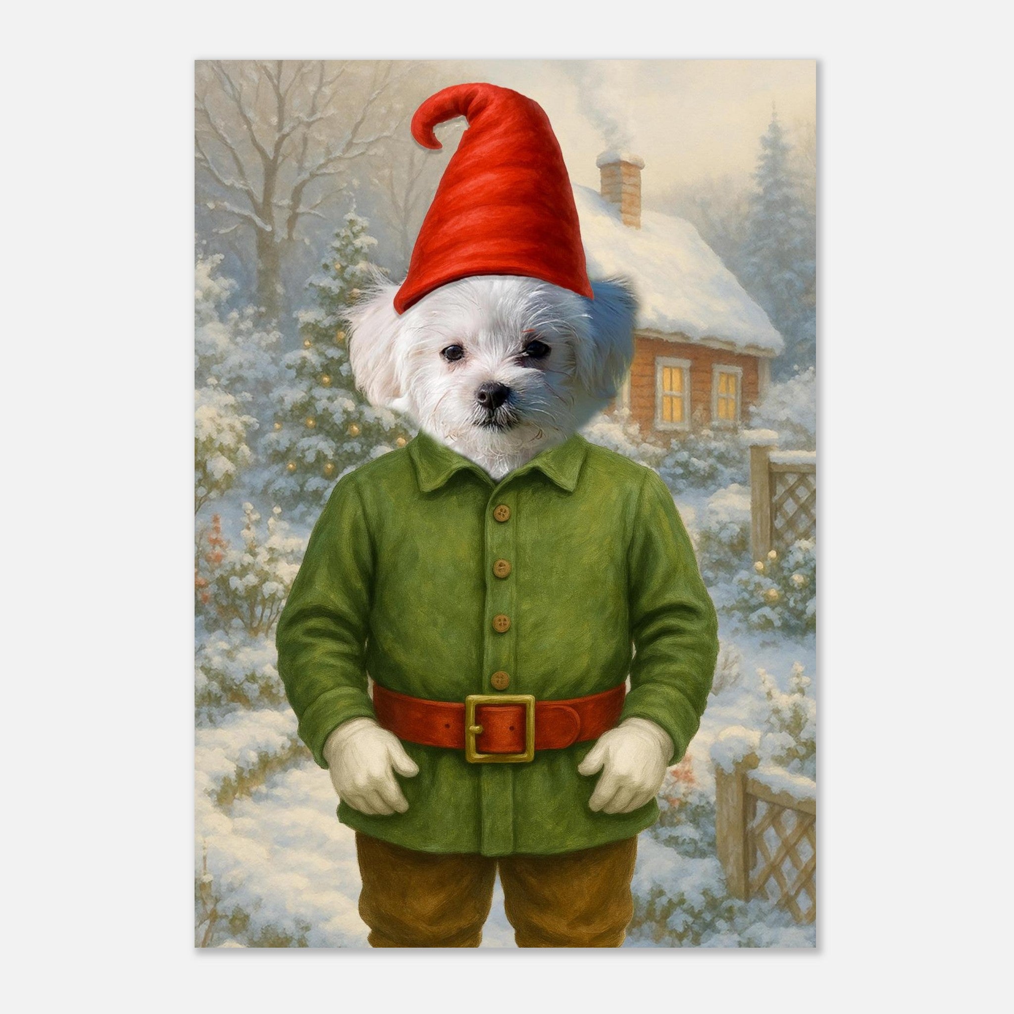 Chien blanc déguisé en elfe de Noël avec veste verte, ceinture rouge et bonnet pointu, debout dans un paysage d’hiver enneigé devant un chalet en bois.