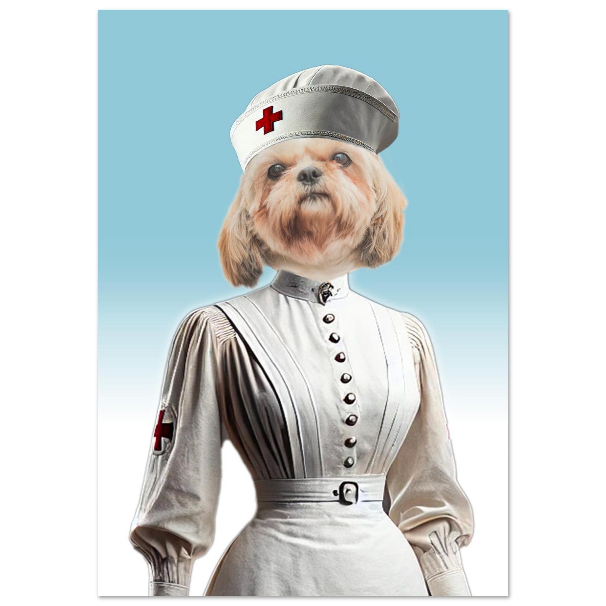 Petit chien à poils longs vêtu d’une coiffe et d’une robe d’infirmière blanche ornée d’une croix rouge sur fond dégradé bleu.