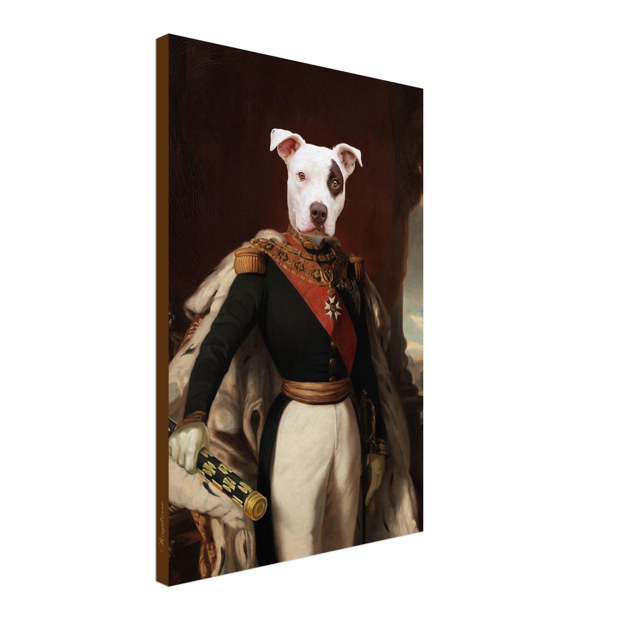 Toile EMPEREUR avec portrait personnalisé de chien, imprimé en France sur papier FSC, art classique et raffiné pour animaux.