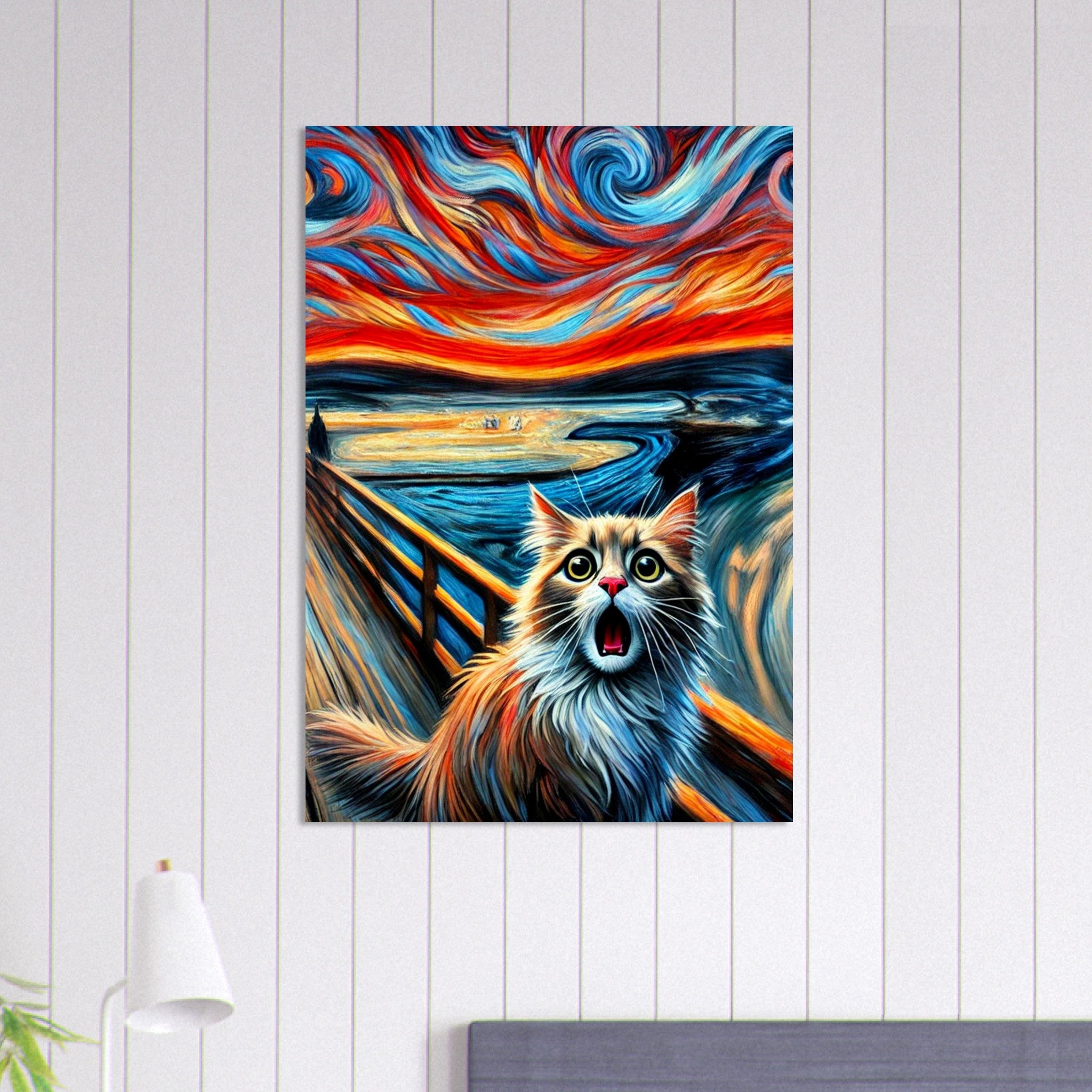 Chat roux à poil long bouche bée sur une passerelle en bois, devant un ciel tourbillonnant rouge, orange et bleu inspiré du « Cri » de Munch