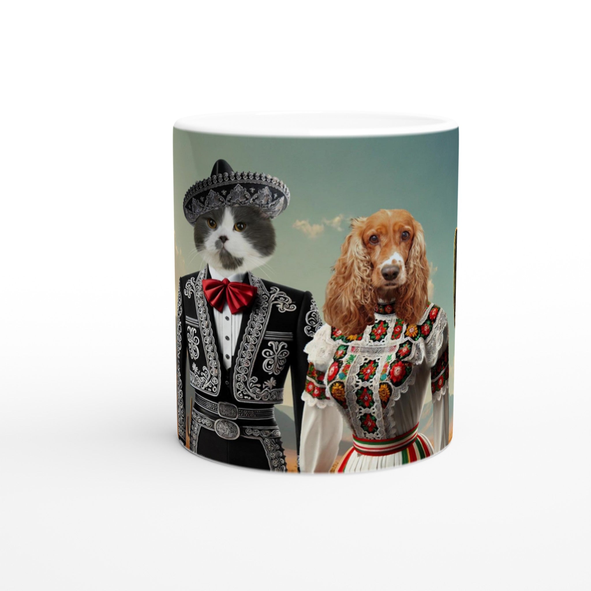 Mug blanc décoré d’un chat gris et blanc portant un costume de mariachi noir brodé avec sombrero et d’un chien cocker roux vêtu d’une robe folklorique mexicaine richement brodée sur fond de ciel matin calme.