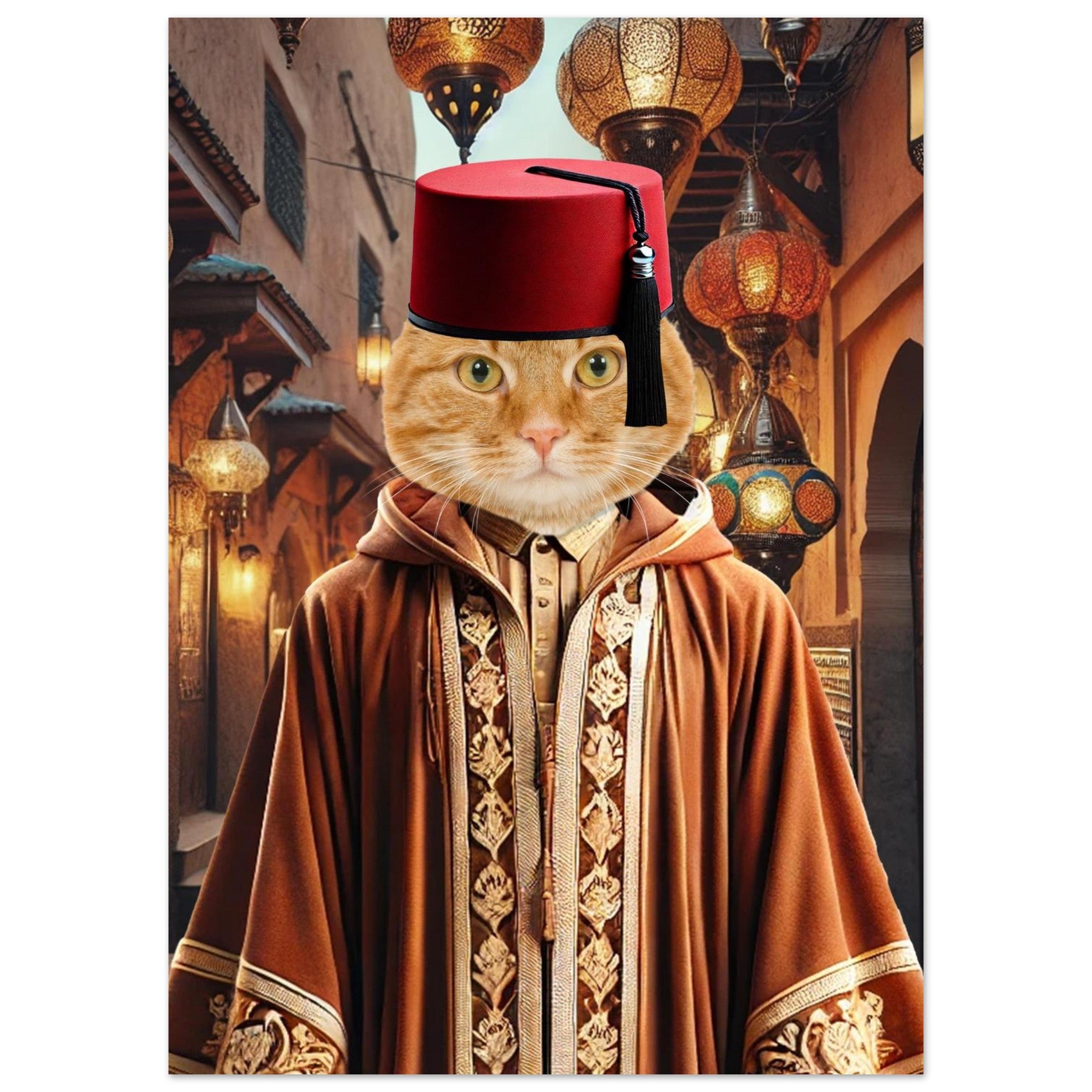 Chat roux coiffé d’un fez rouge et vêtu d’une djellaba brodée marron, debout dans une ruelle de souk marocain éclairée de lanternes orientales.
