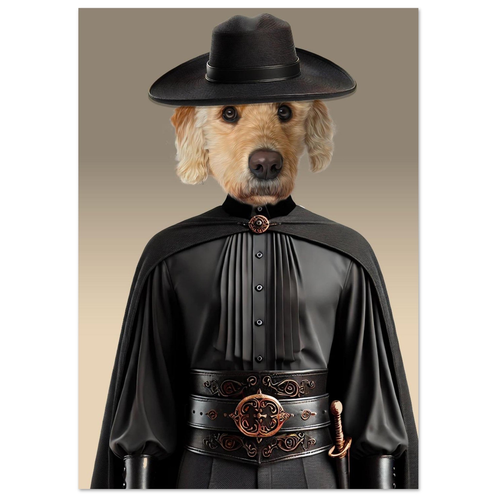 Portrait d’un chien golden doodle en costume de mousquetaire : chapeau noir à larges bords, cape et tunique noires, ceinture en cuir ornée et épée sur fond dégradé.