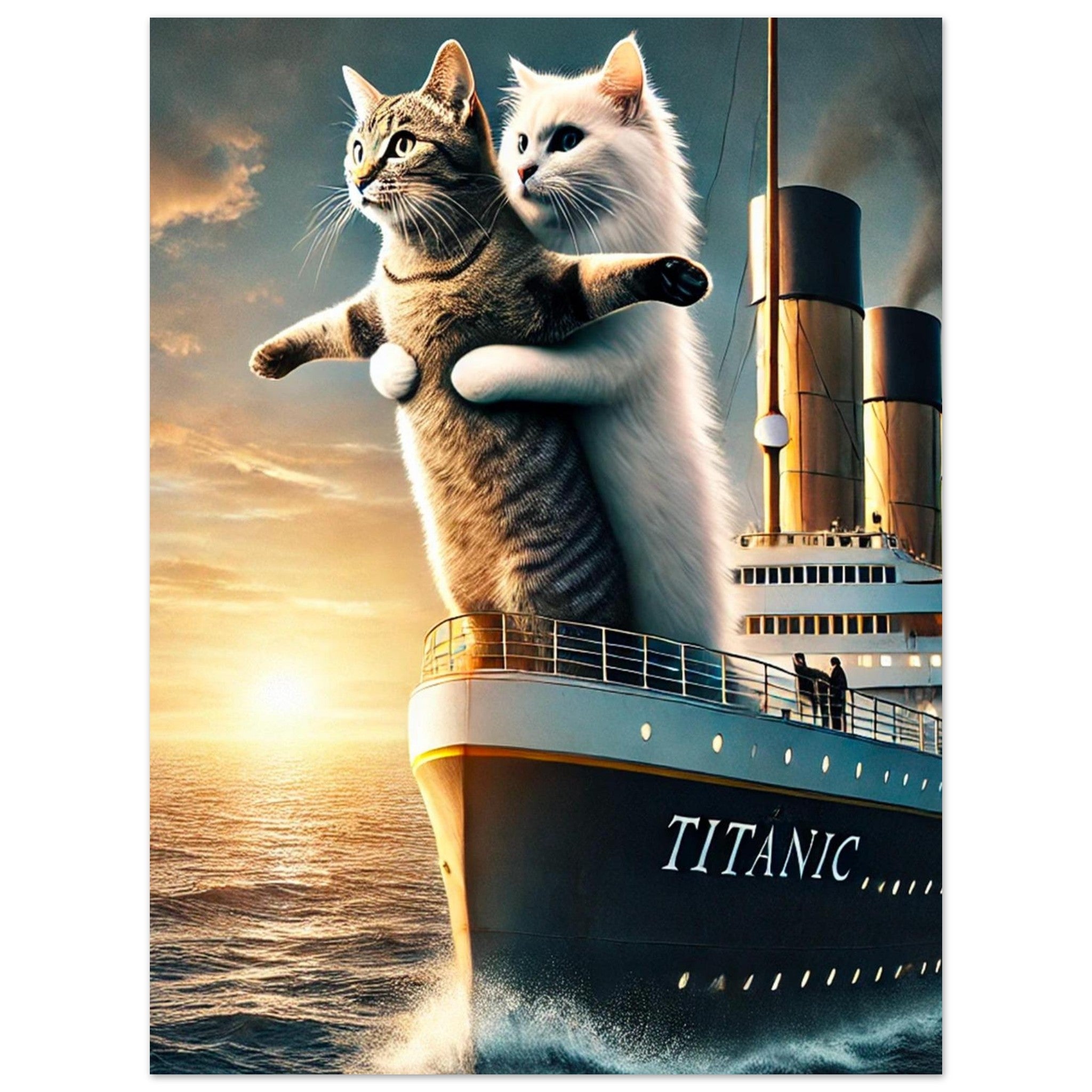 Deux chats, l’un blanc et l’autre tigré, jouent la scène culte de Titanic sur la proue d’un paquebot au coucher de soleil.