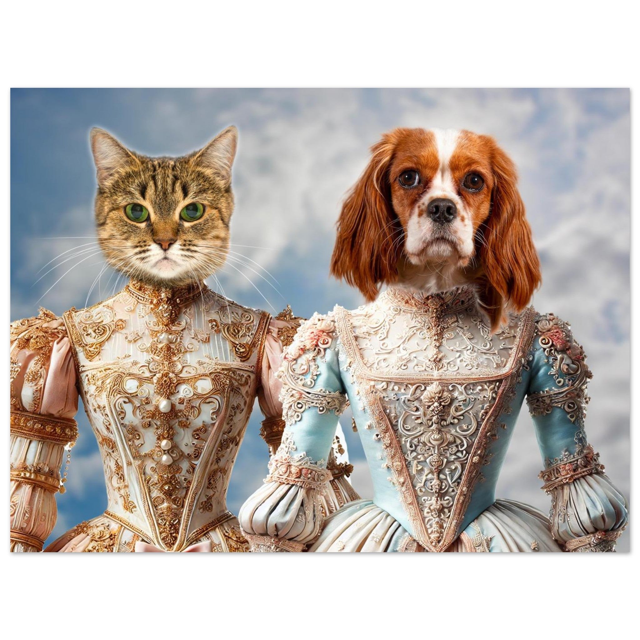 Chat tigré et chien Cavalier King Charles vêtus de robes baroques richement brodées sur fond de ciel nuageux