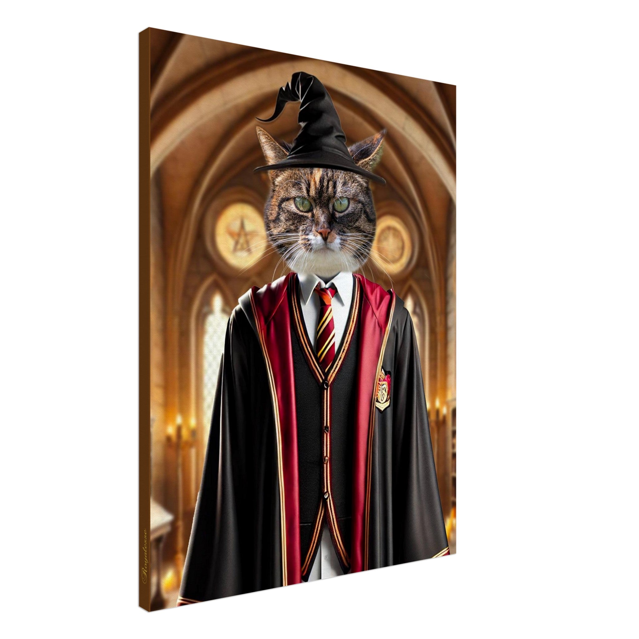 Chat-sorcier gris portant un chapeau pointu et une robe noire à bordures rouges et or façon uniforme d’école de magie, cravate assortie, debout dans une grande salle gothique éclairée aux chandelles.