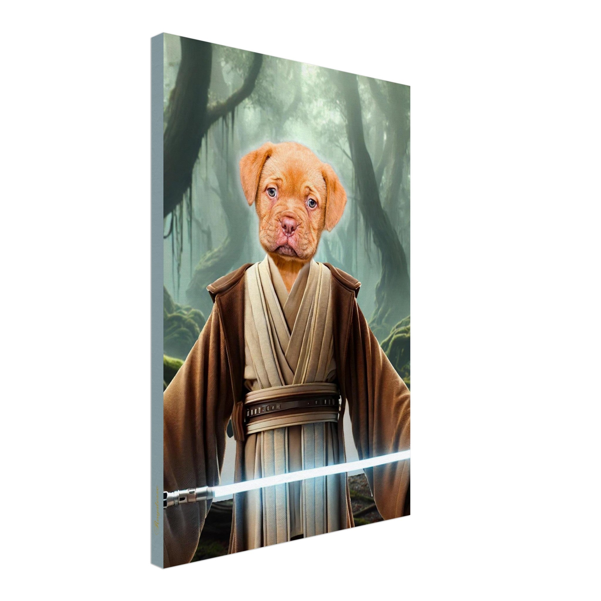 Tableau mural d’un chiot marron en tenue de Jedi brandissant un sabre laser bleu dans une forêt brumeuse