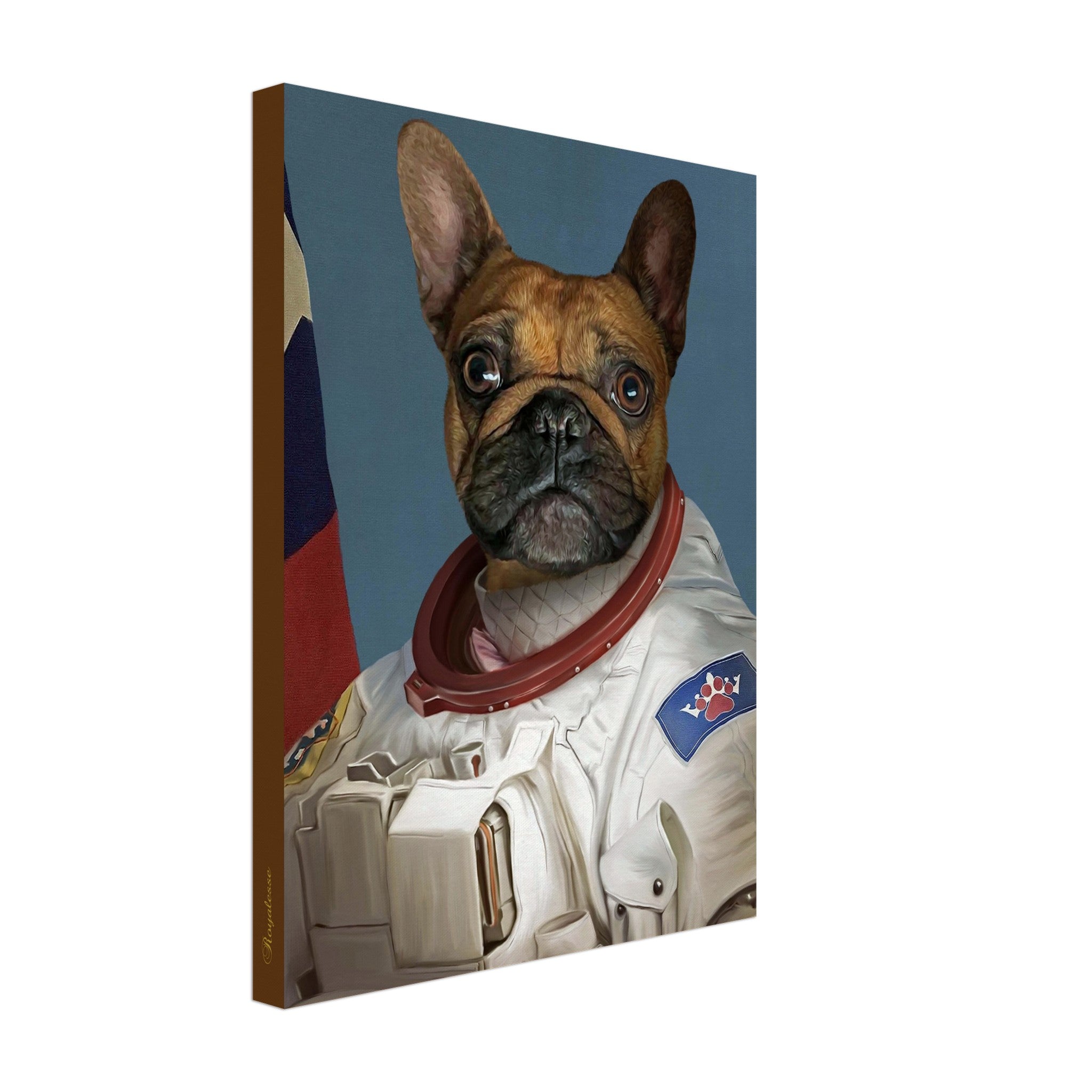 Portrait animal personnalisé sur toile "Astronaute", imprimé en France sur papier FSC, représentant un chien costumé en astronaute.