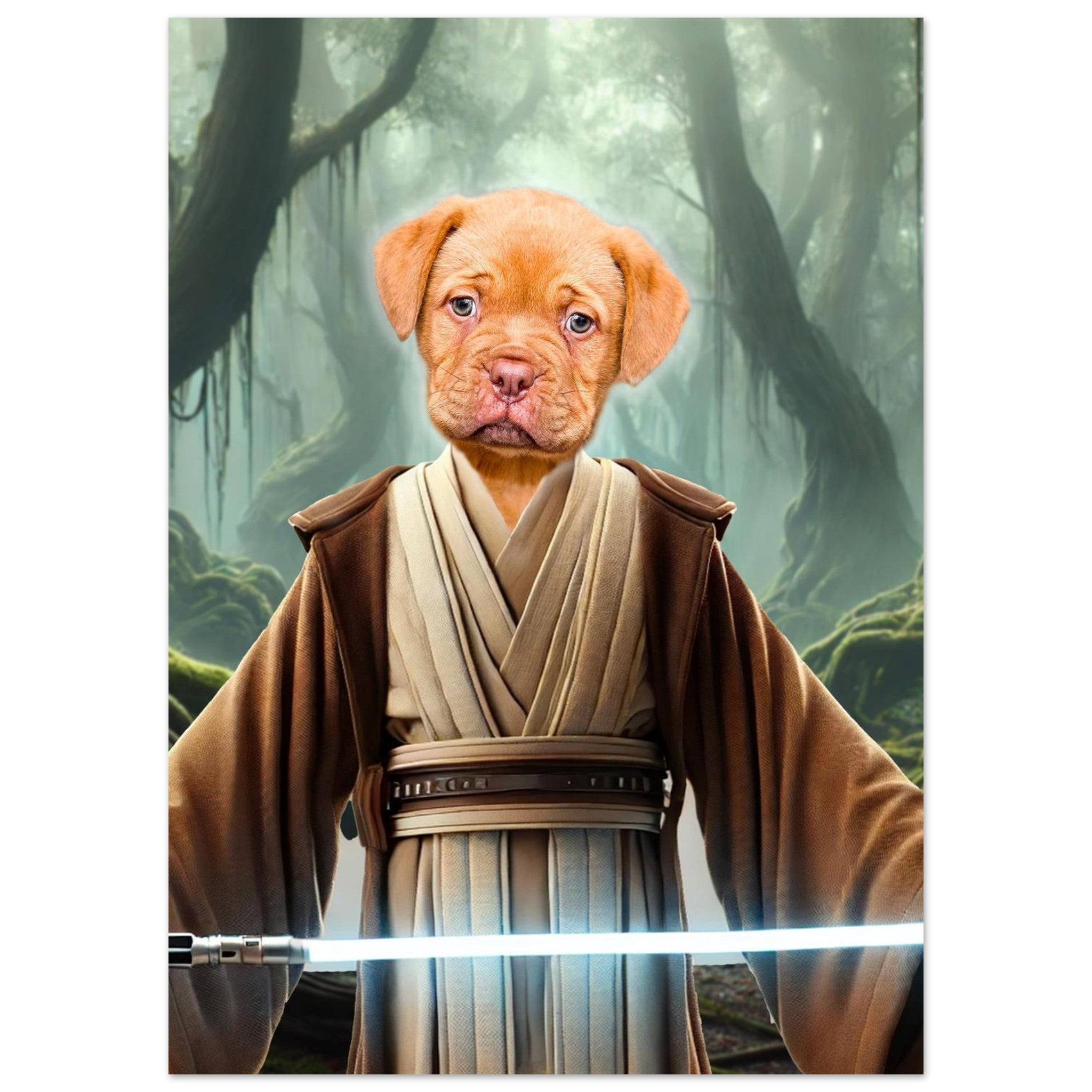 Chiot marron en robe de Jedi tenant un sabre laser bleu devant une forêt mystique brumeuse