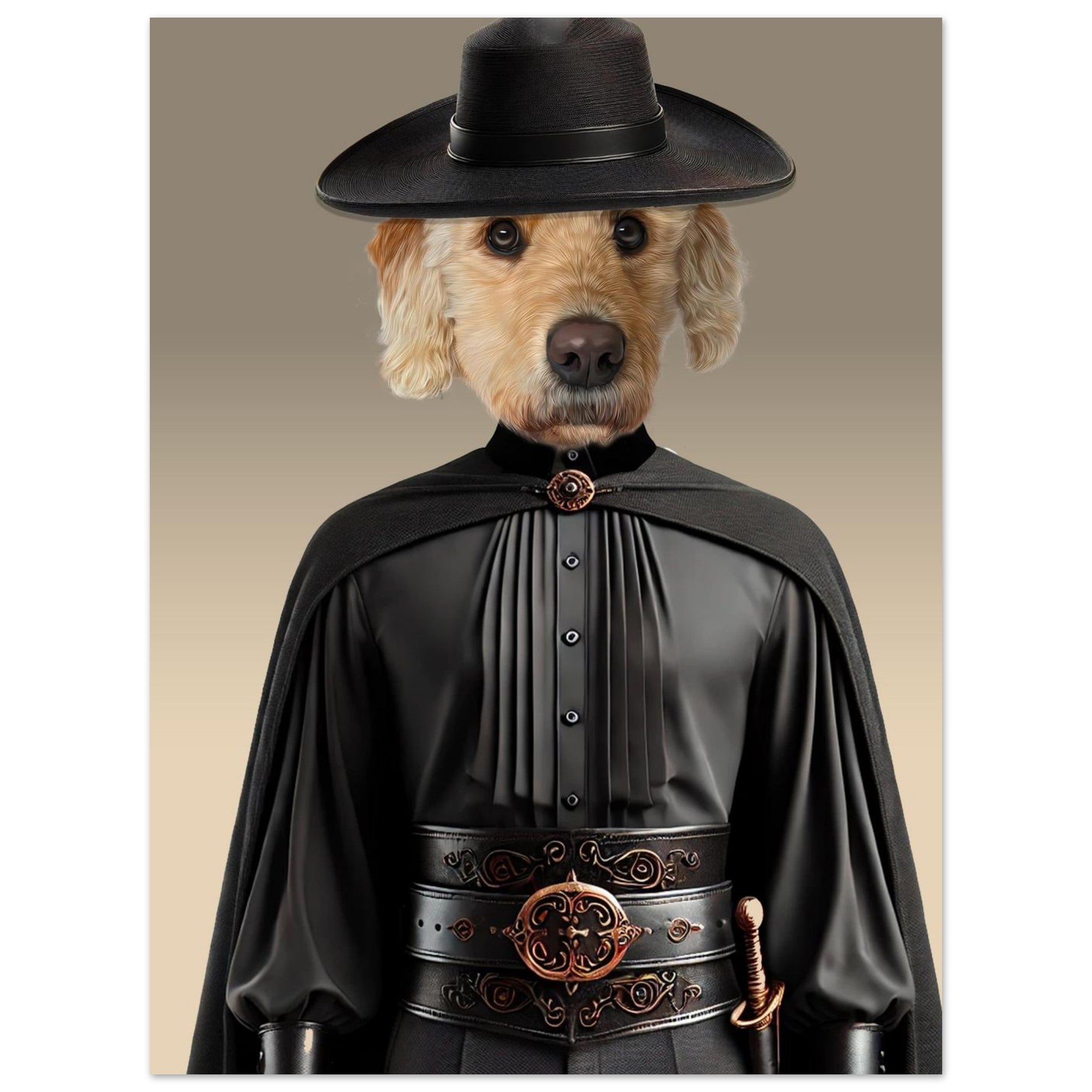 Portrait stylisé d’un golden retriever anthropomorphisé en mousquetaire sombre, portant un large chapeau noir, une cape et chemise plissée noires, une ceinture en cuir ornée de motifs cuivrés et une épée.