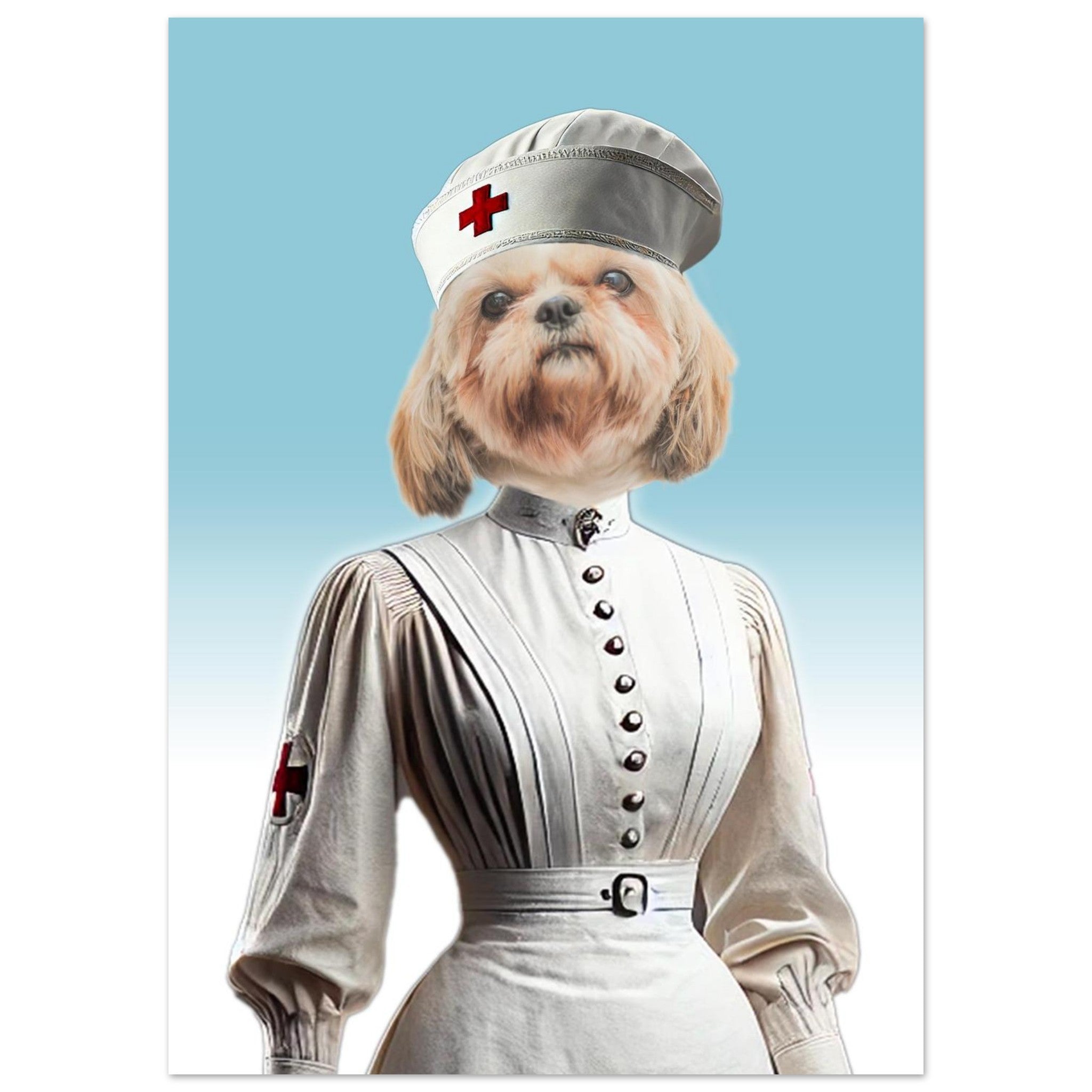 Petit chien beige à tête de shih tzu vêtu d’un uniforme d’infirmière blanche vintage, chapeau et robe ornés de croix rouges, sur fond dégradé bleu.