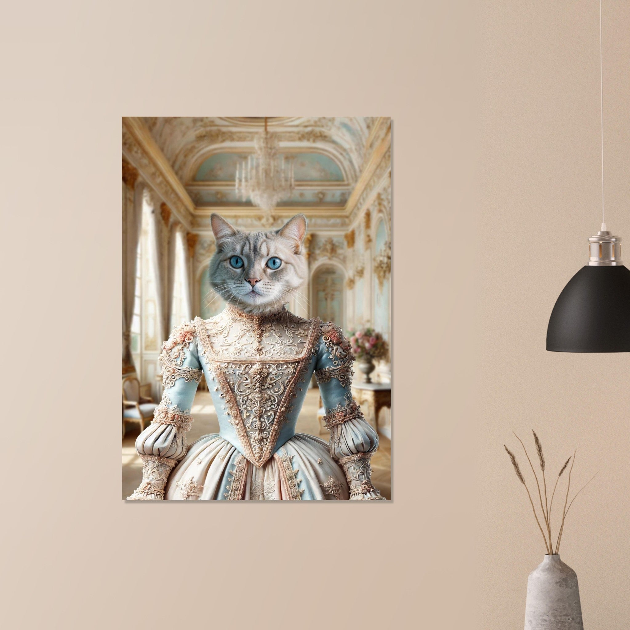 Chat gris aux yeux bleus vêtu d’une somptueuse robe rococo bleu pastel et crème, posé dans un salon baroque orné de moulures dorées et d’un lustre en cristal.