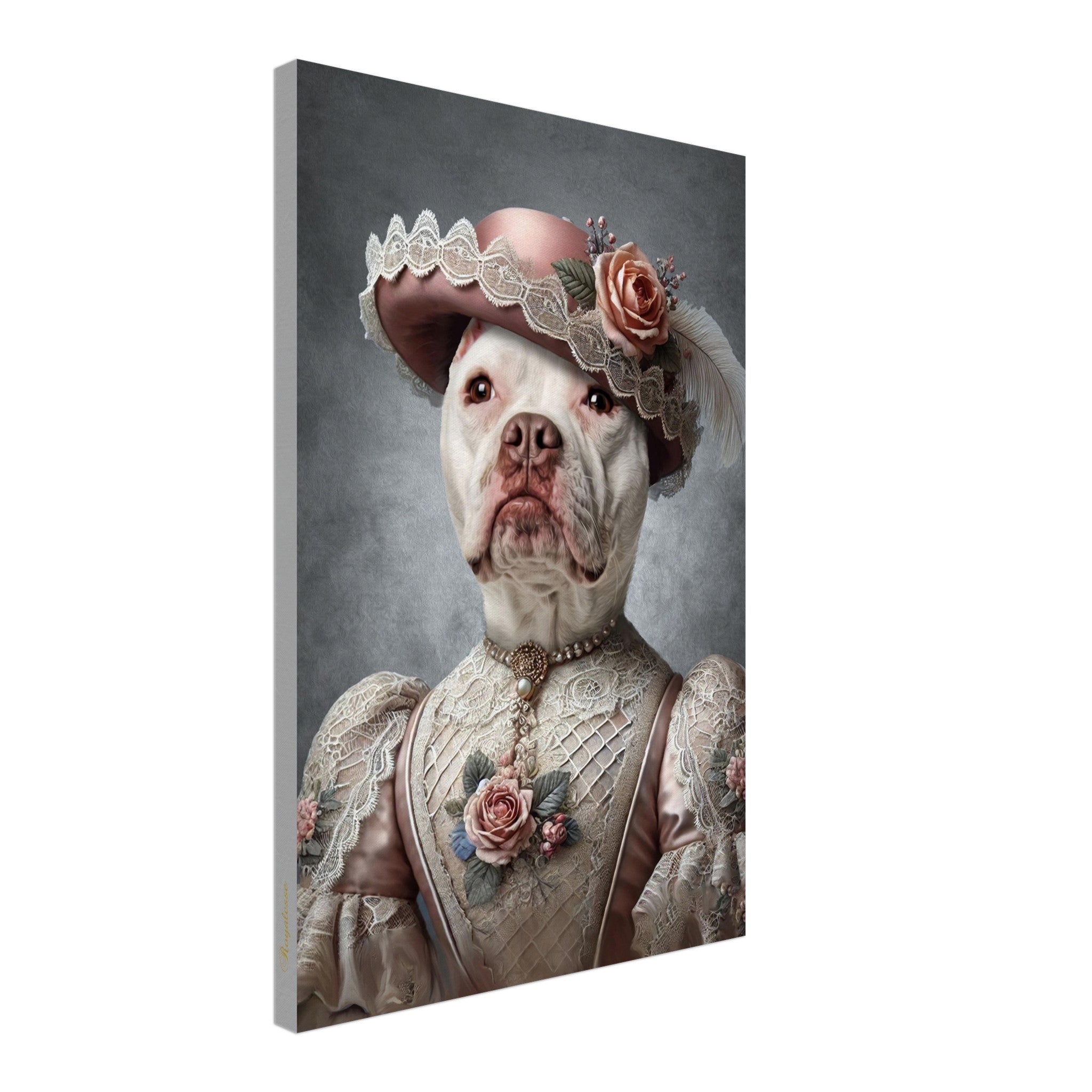 Portrait animal imprimé en France sur toile FSC, représentant un chien habillé en dame avec perles et chapeau pour une touche artistique.