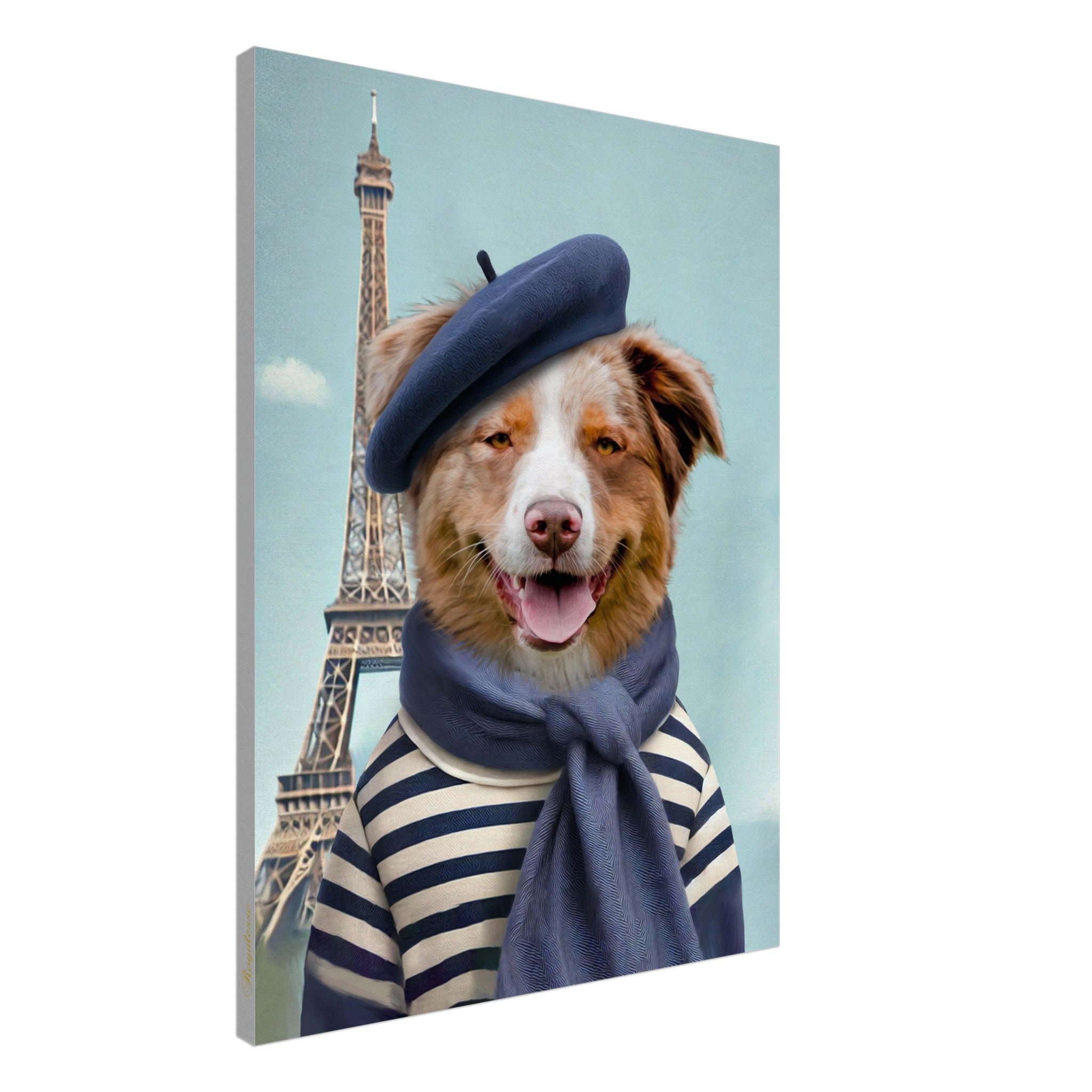 Portrait animal personnalisé sur toile, imprimé en France, avec papier FSC. Chien en béret devant la Tour Eiffel, style artistique.