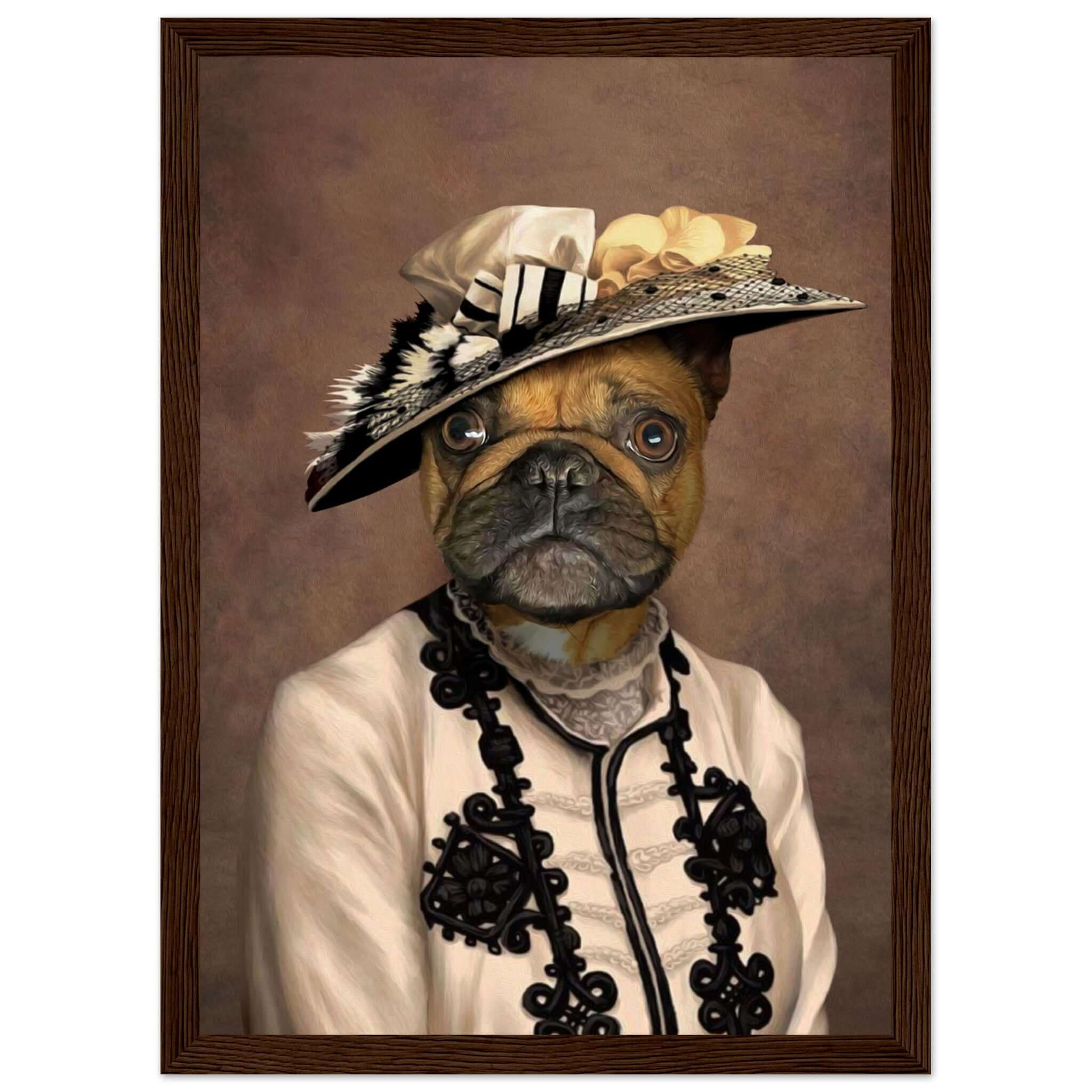 Cadre "ANNEES FOLLES" avec chien costumé, imprimé en France sur papier FSC, cadre en bois de pin, prêt à accrocher.
