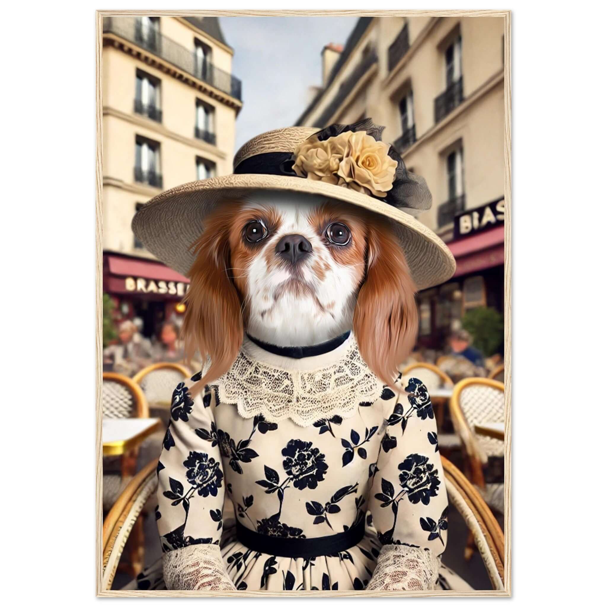 Poster encadré Dame au Chapeau : chien en robe vintage avec chapeau fleuri, imprimé en France sur papier FSC, prêt à accrocher.