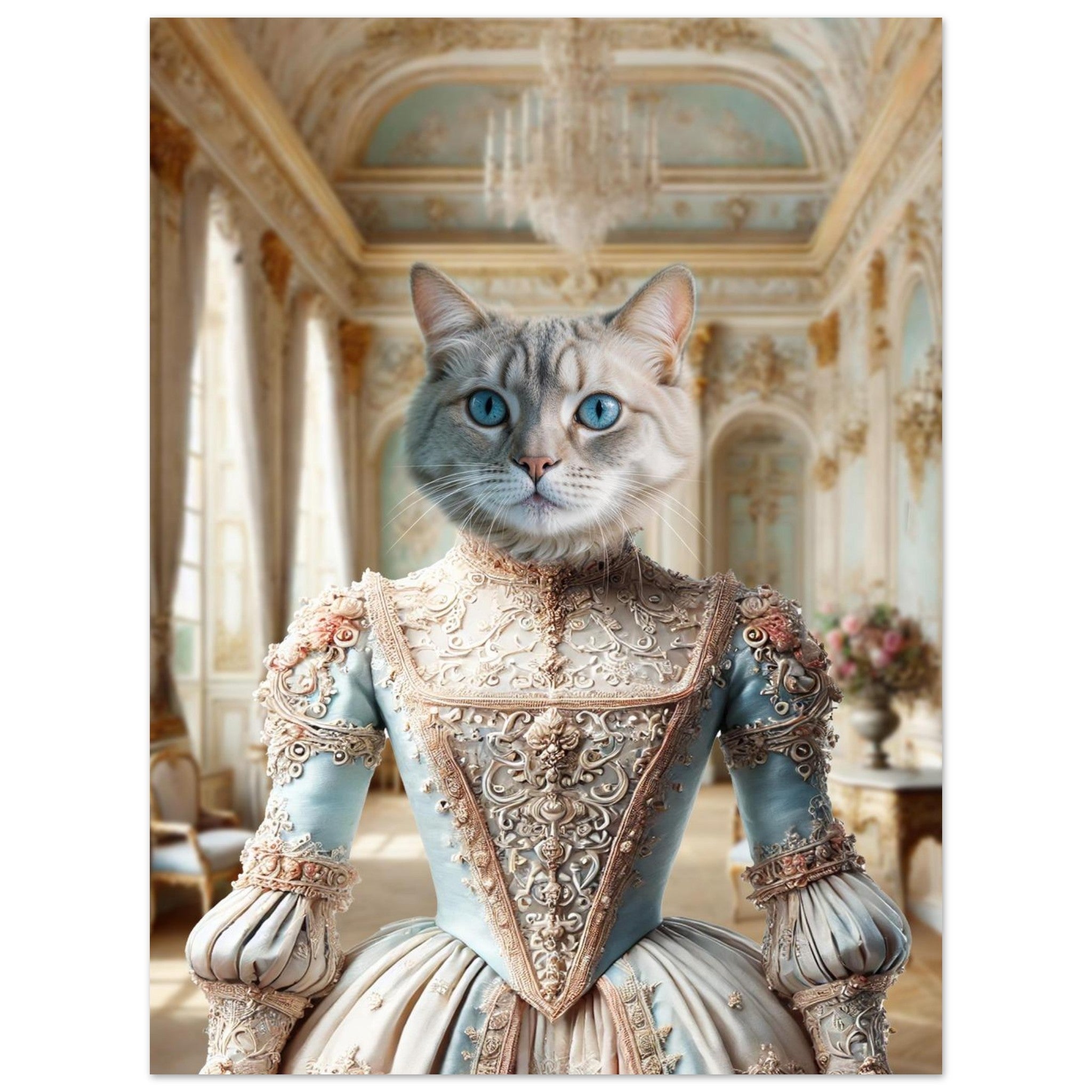 Chat anthropomorphe aux yeux bleus vêtu d’une somptueuse robe rococo bleu pastel et crème richement ornée de broderies dorées, posé dans un luxueux salon de palais à lustre et mobilier d’époque.