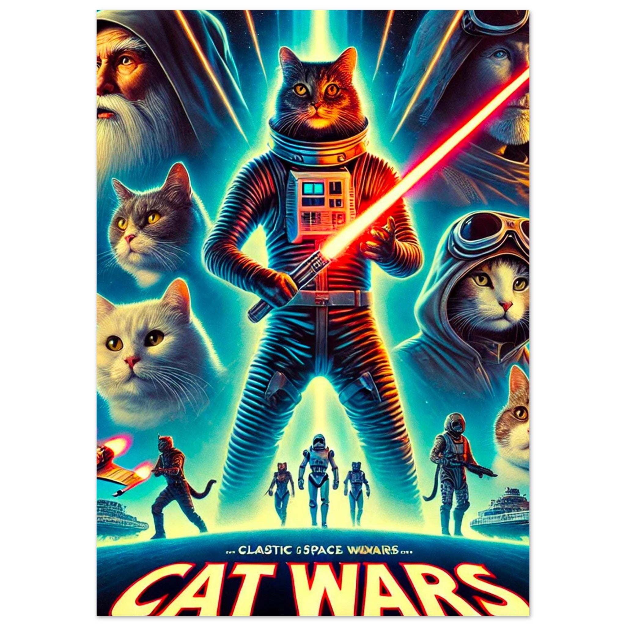 Affiche de science-fiction « Cat Wars » montrant un chat astronaute en combinaison spatiale brandissant un sabre laser rouge, entouré de visages de chats, de vaisseaux et de soldats sur fond néon bleu.