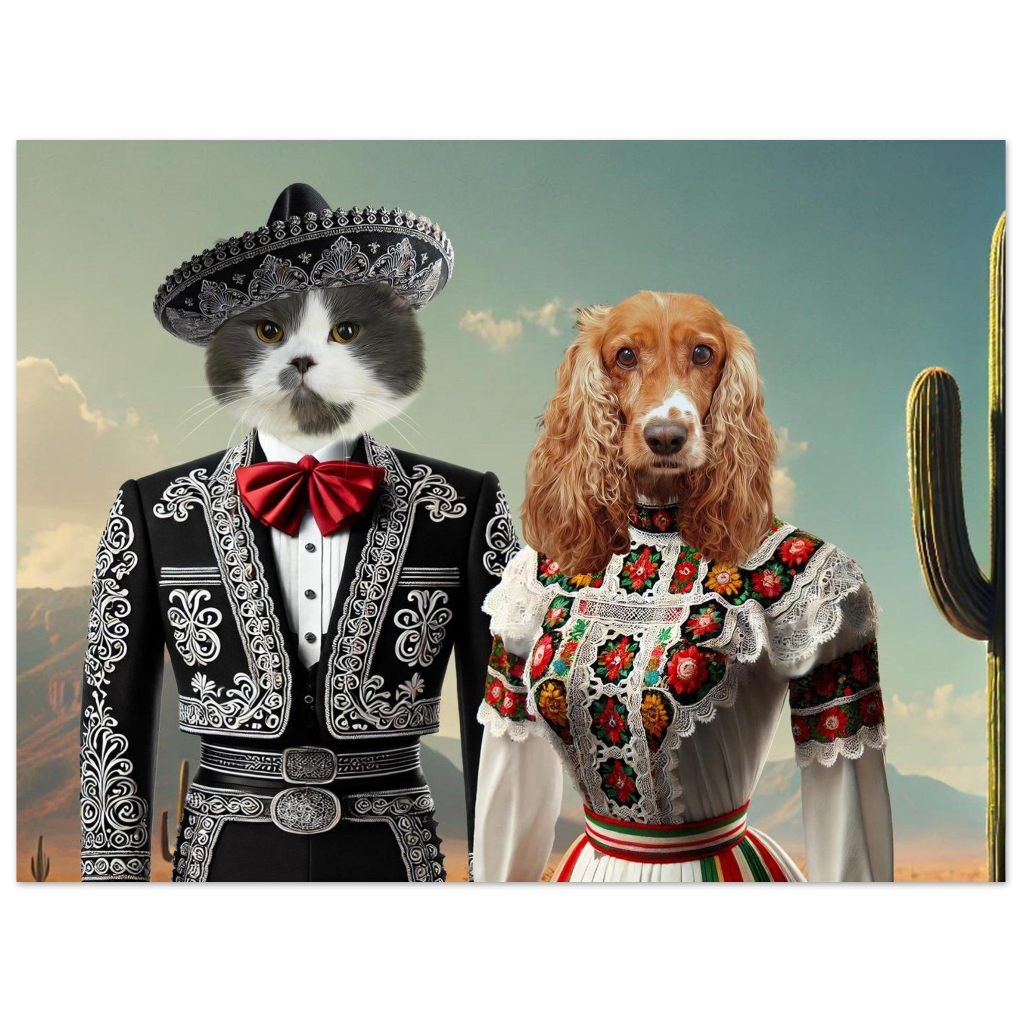 Chat blanc et gris en tenue de mariachi avec sombrero et costume noir richement brodé, à côté d’un chien cocker doré en robe folklorique mexicaine aux broderies florales colorées, devant un paysage désertique parsemé de cactus.