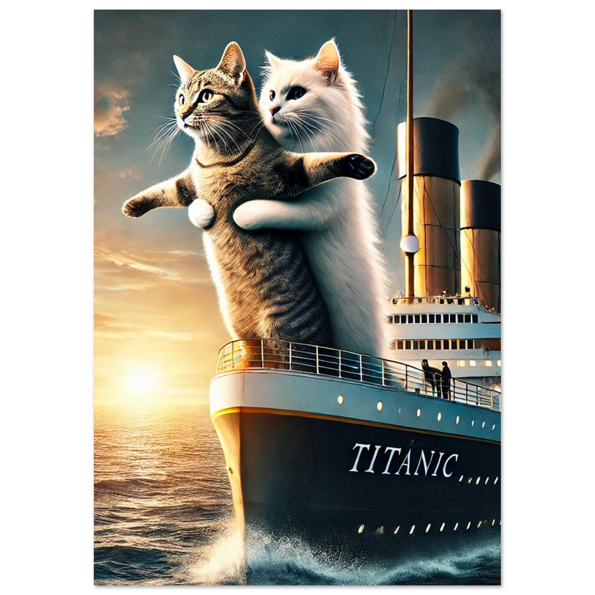 Deux chats, l’un blanc et l’autre gris, imitent la scène culte du film Titanic à la proue d’un paquebot sur fond de coucher de soleil.