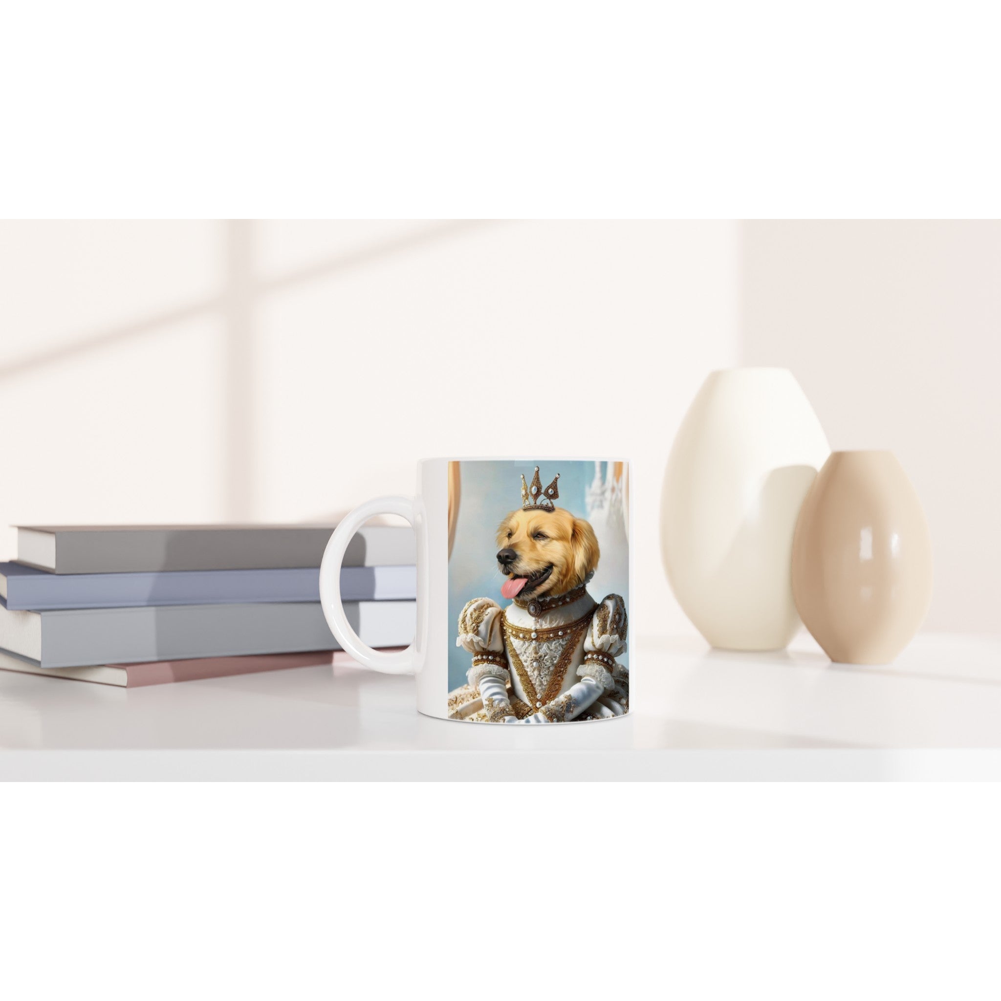 Tasse en céramique blanche posée sur une table avec livres et vases, imprimée d’un golden retriever en costume royal Renaissance orné d’une petite couronne.