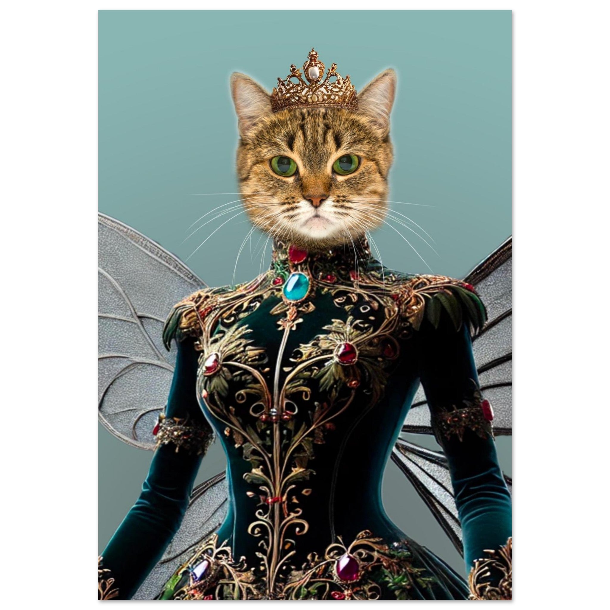 Chat tigré portant une couronne dorée et une robe verte richement brodée de motifs floraux et de pierres précieuses, avec des ailes de fée translucides sur fond uni.