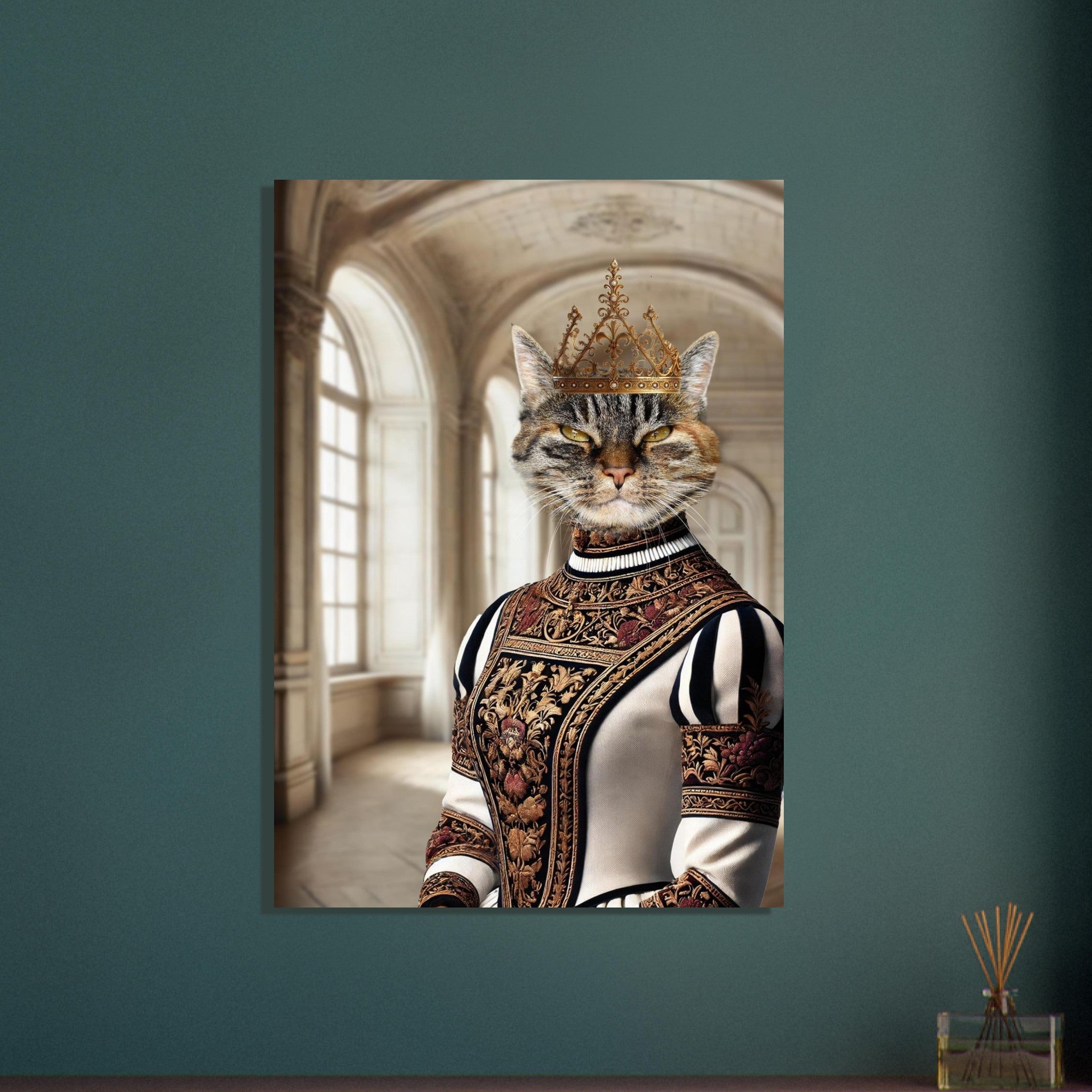 Chat couronné en habit de la Renaissance richement brodé, portrait dans une grande salle de palais ancien aux fenêtres cintrées.