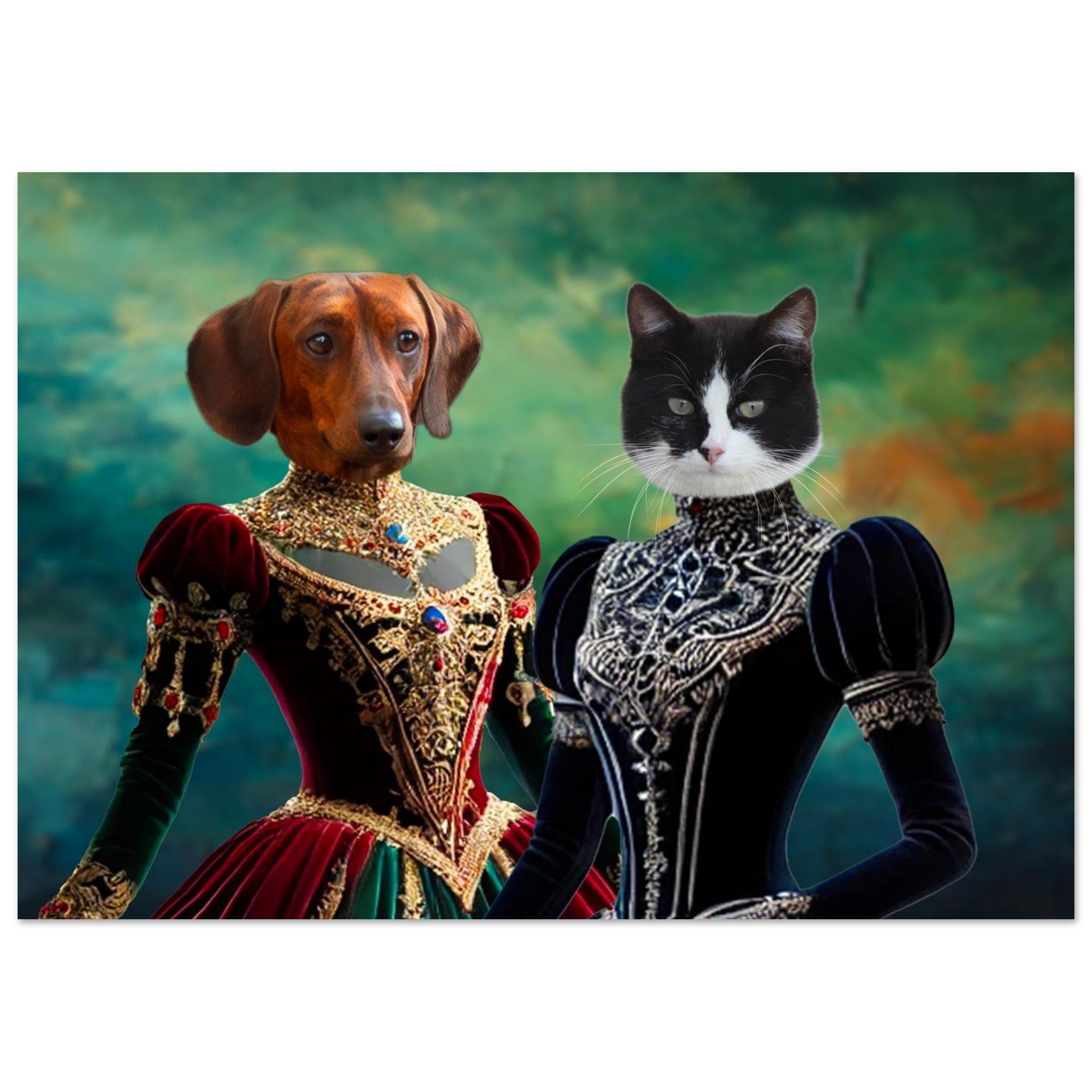 Chien teckel marron et chat noir et blanc en robes Renaissance richement ornées de broderies et bijoux sur fond vert