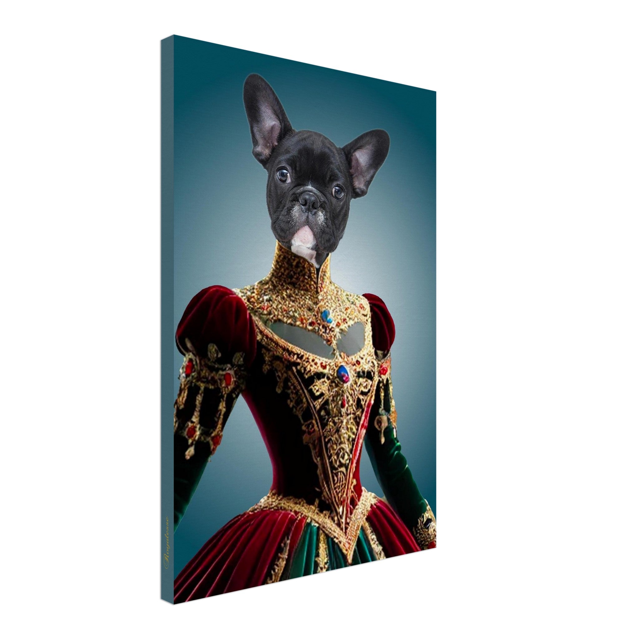 Portrait sur toile d’un bouledogue français noir en robe renaissance rouge et verte richement ornée de broderies dorées et de pierres précieuses