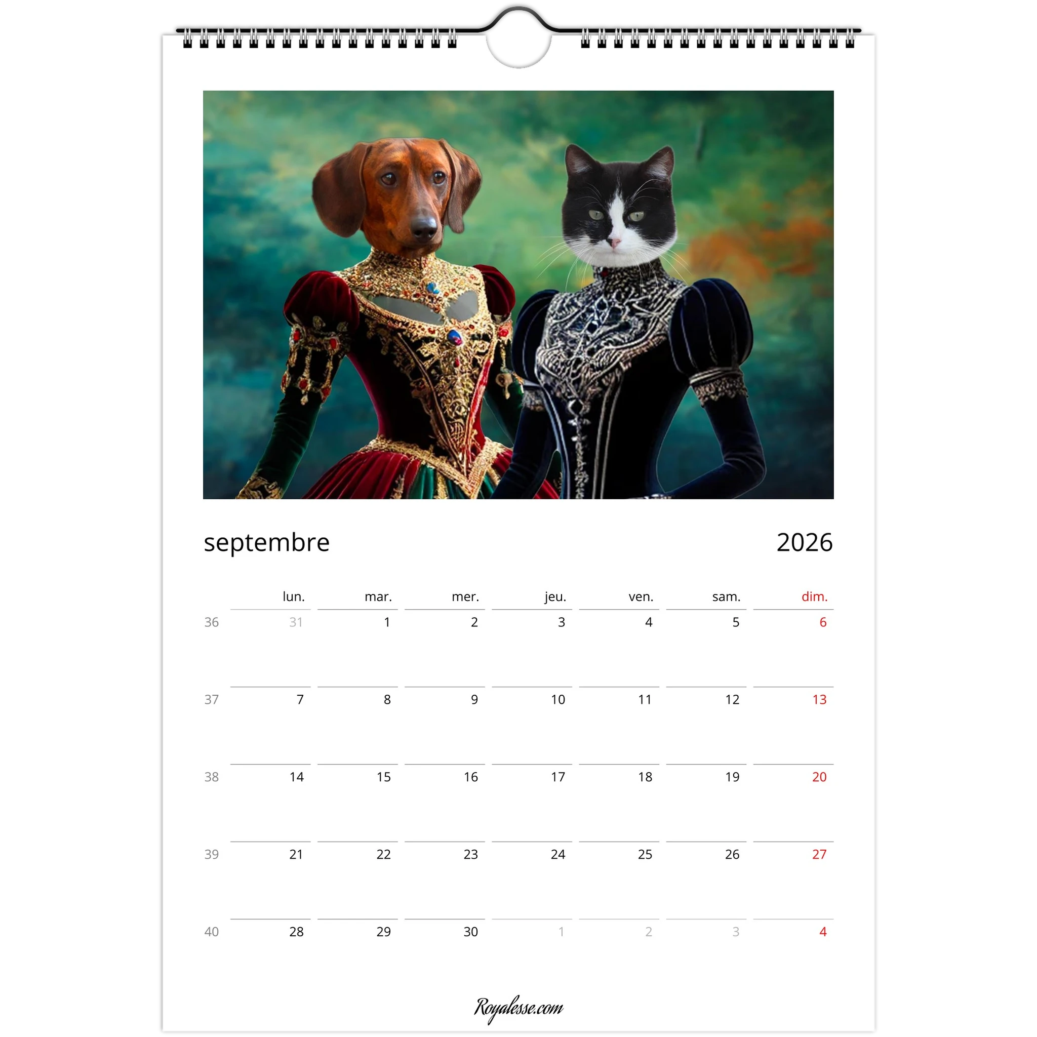 Calendrier septembre 2026 Royalesse représentant un portrait royal fantaisiste : un chien teckel et un chat noir et blanc vêtus de somptueuses robes Renaissance brodées sur fond vert.
