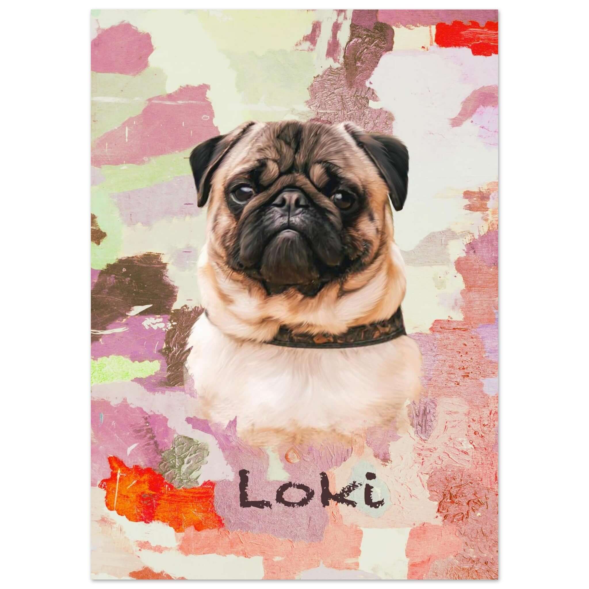 Portrait personnalisé de chien sur affiche, imprimé en France sur papier FSC, fond coloré, sans cadre, nom 'Loki' inscrit.