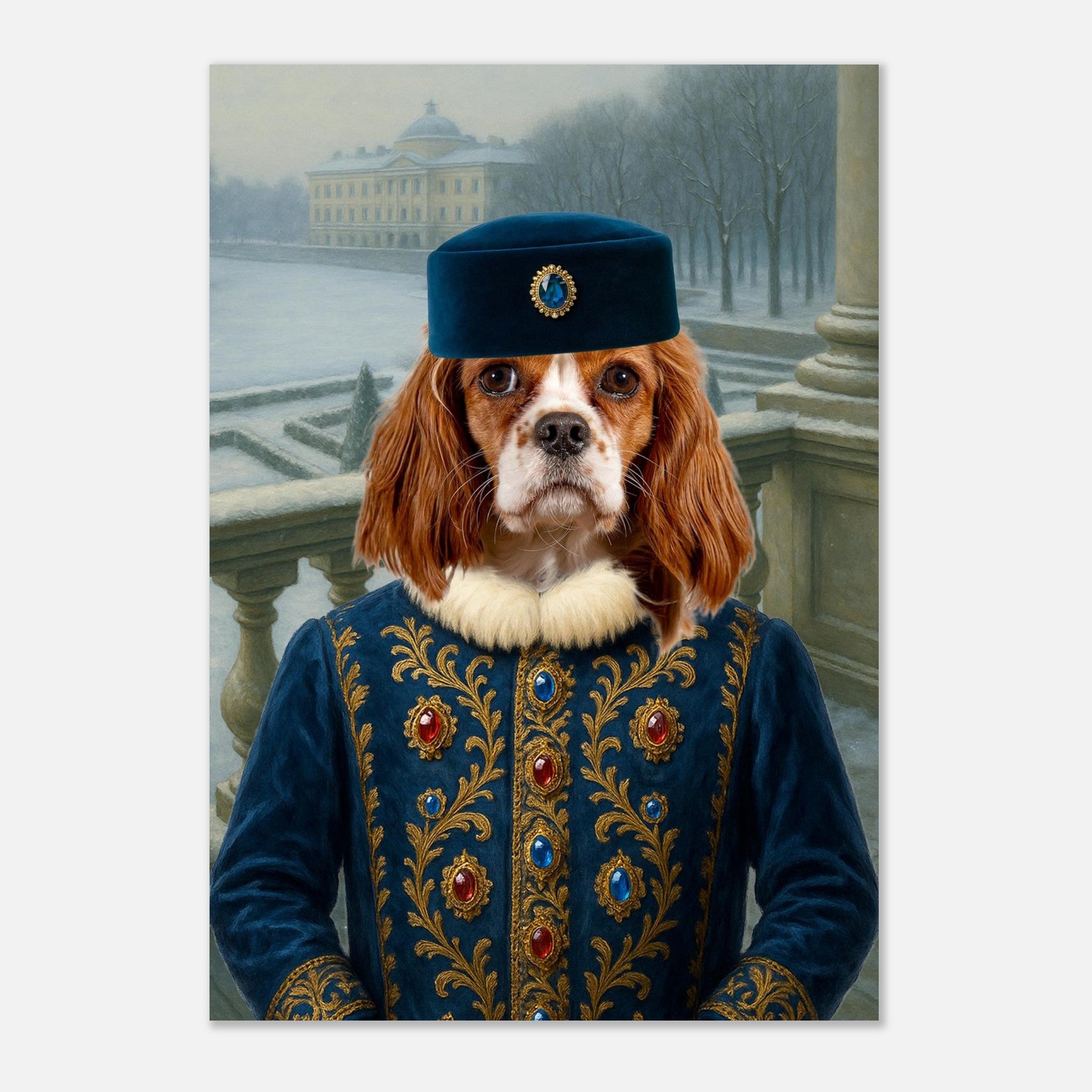 Portrait stylisé d’un chien Cavalier King Charles vêtu d’un costume princier bleu brodé de motifs dorés et serti de pierres rouges et bleues, coiffé d’un béret assorti, posé sur le balcon enneigé d’un palais d’inspiration classique.