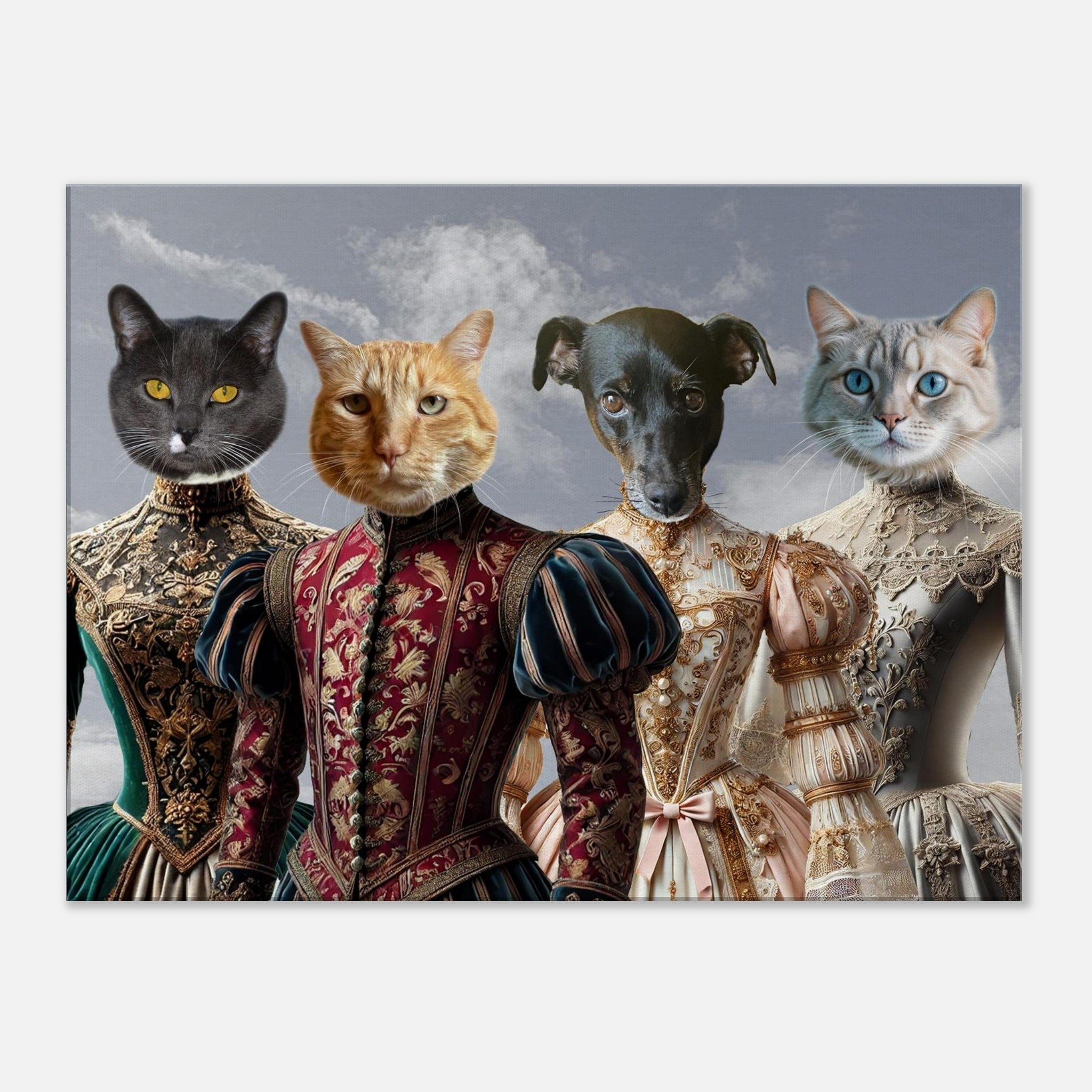 Portrait artistique de trois chats et d’un petit chien en costumes Renaissance richement brodés sur fond de ciel nuageux.