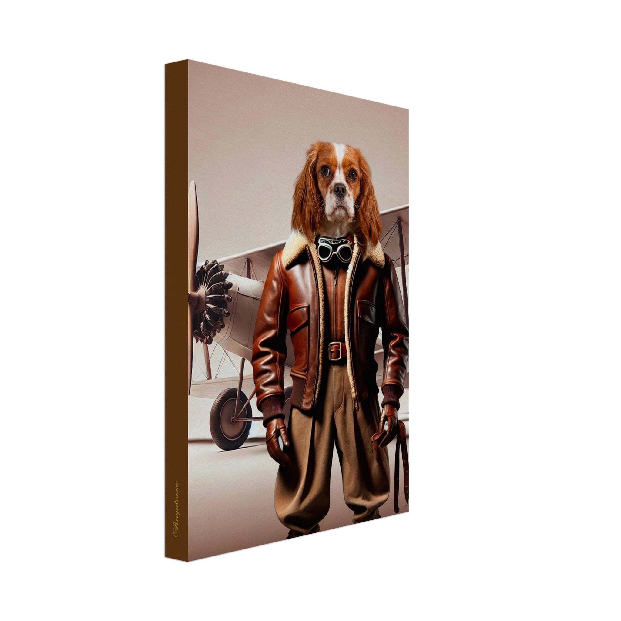 Chien Cavalier King Charles Spaniel en tenue d’aviateur vintage (blouson de cuir marron, gants de vol, lunettes d’aviateur autour du cou) debout devant un biplan sur fond neutre.