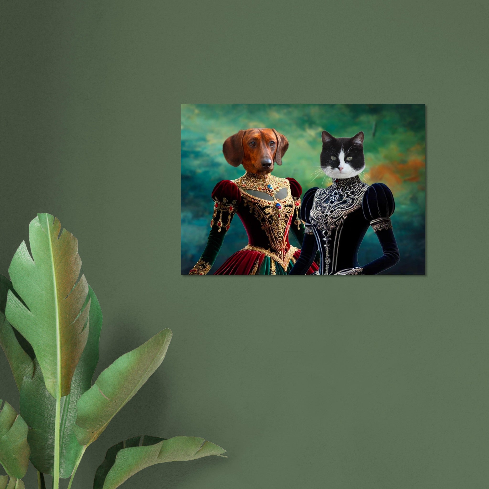 Teckel et chat noir et blanc en robes renaissance richement brodées, posant devant un fond peint aux nuances vertes et orangées
