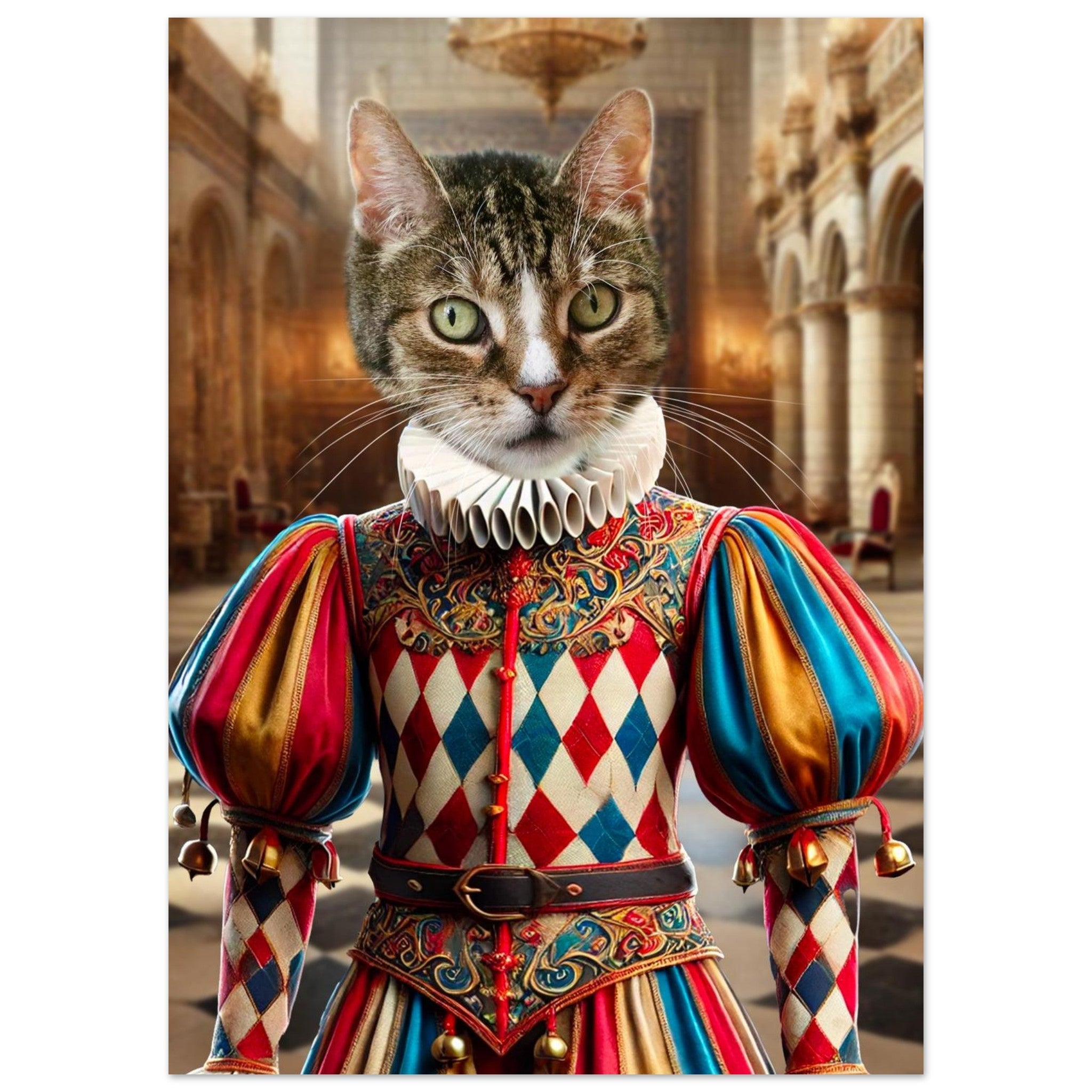 Chat tigré gris et blanc portant un costume Renaissance harlequin rouge, bleu et or avec col plissé et manches bouffantes, posé devant un somptueux hall de palais.
