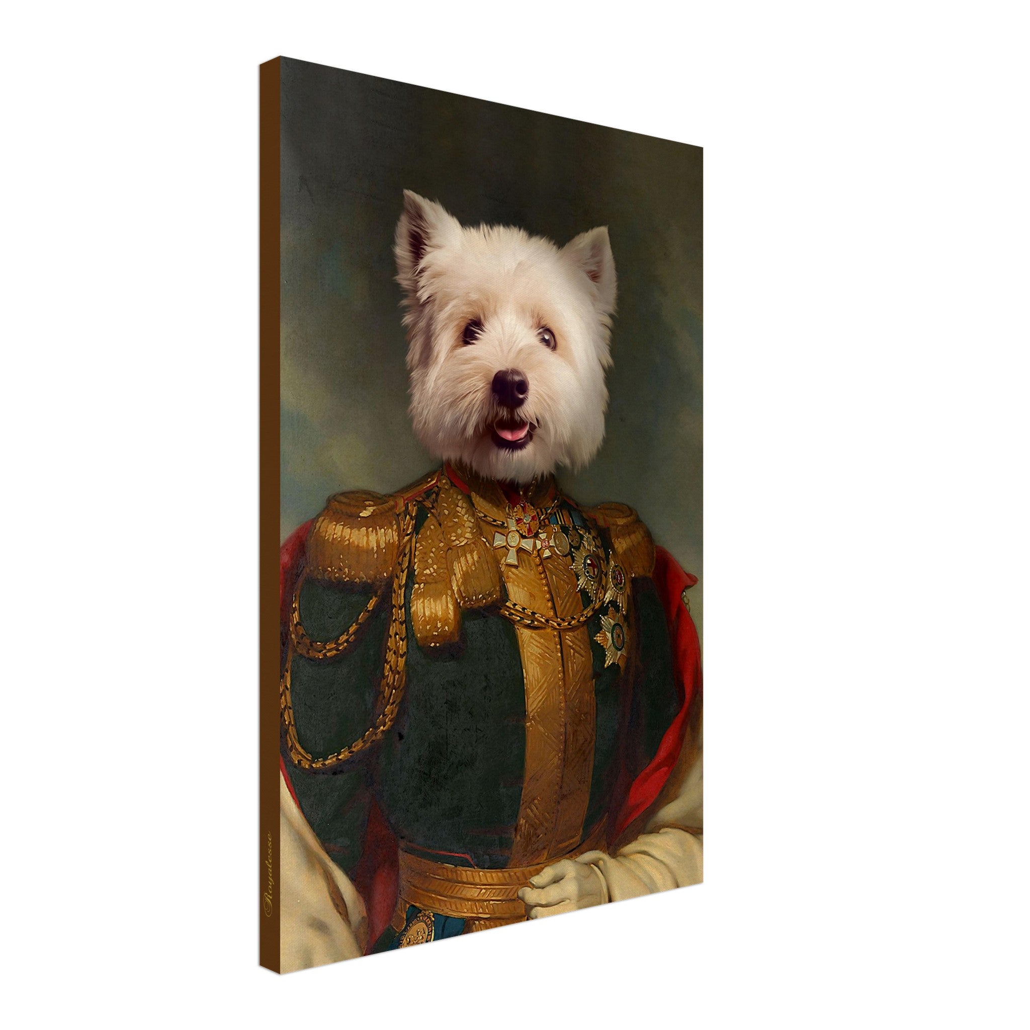 Portrait animalier personnalisé sur toile imprimé en France avec papier FSC, représentant un chien en costume royal.