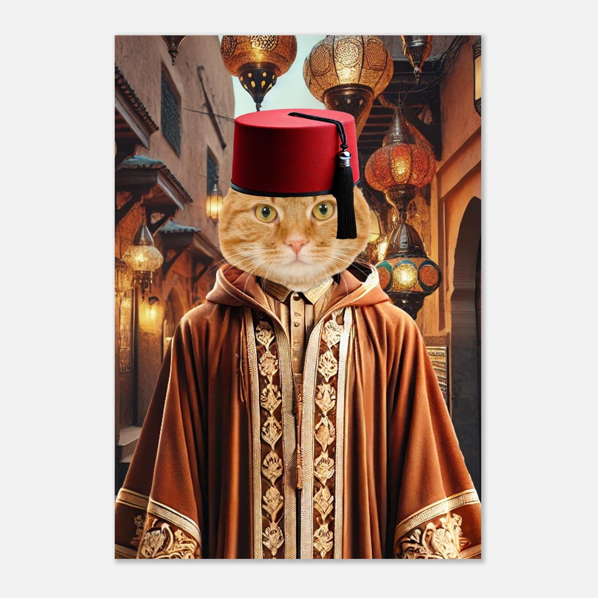Chat roux anthropomorphe portant un fez rouge et une djellaba marocaine richement ornée, dans une ruelle de médina illuminée par des lanternes orientales.