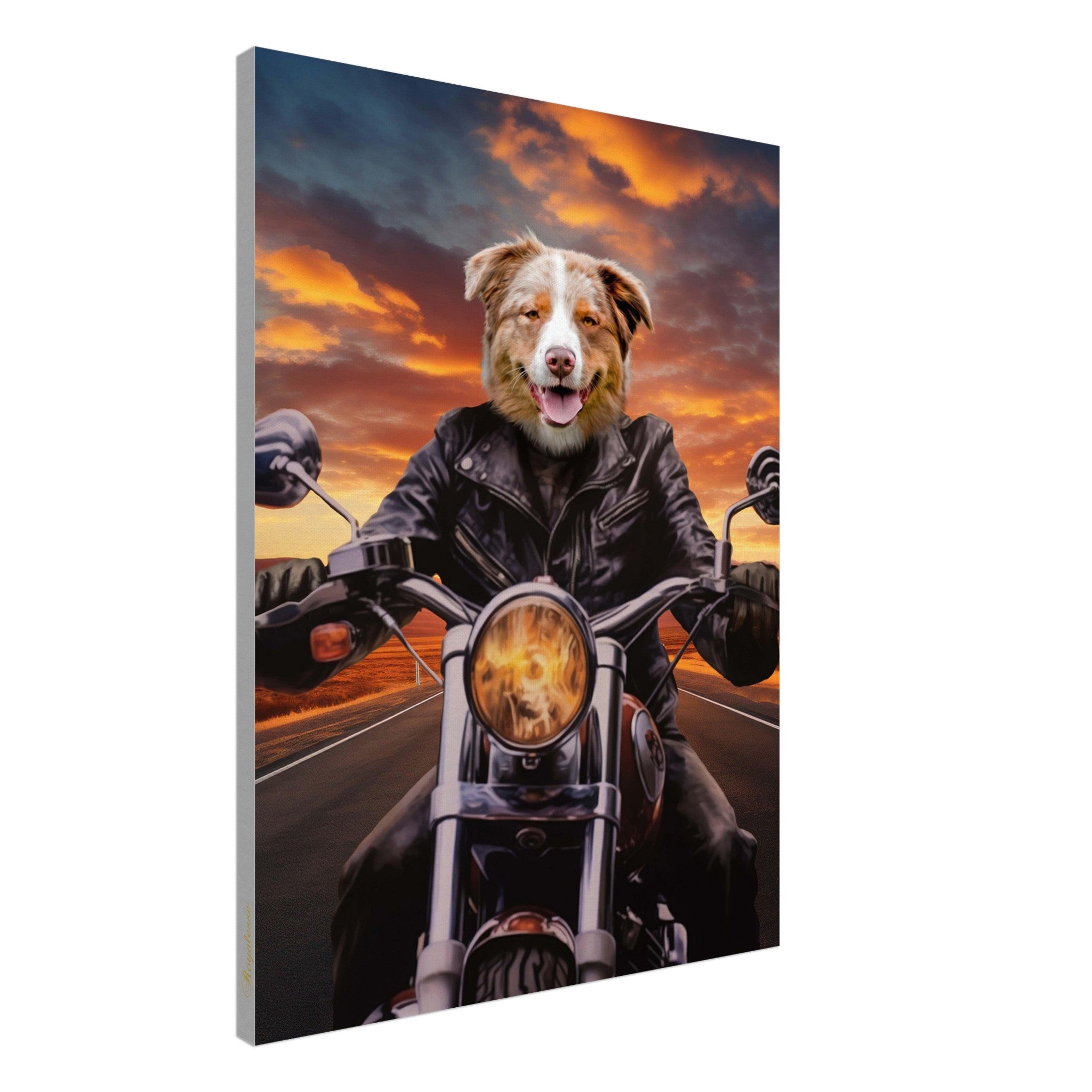 Portrait personnalisé d'un chien motard sur toile, imprimé en France sur papier FSC, offrant une beauté intemporelle et raffinée.