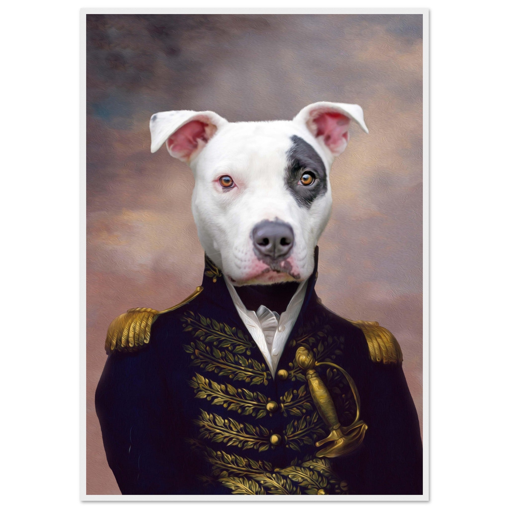 Chien en uniforme d'officier, dans un style de portrait classique, avec un fond nuageux.