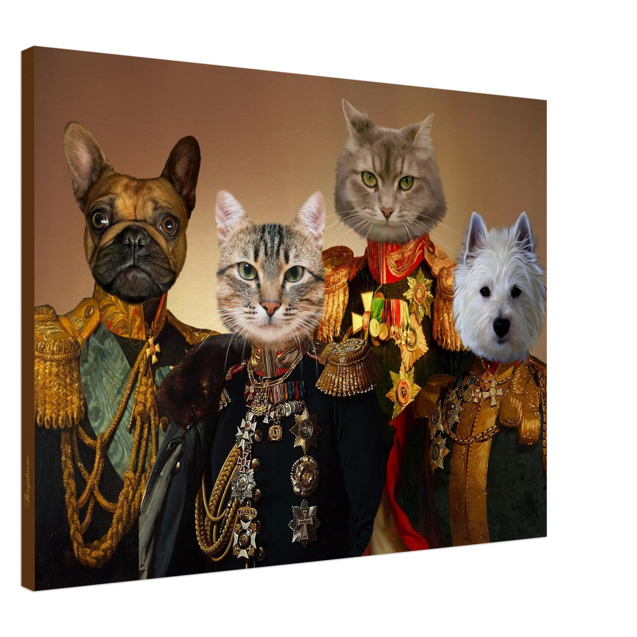Toile murale humoristique représentant deux chats et deux chiens en uniformes militaires d’époque richement ornés de médailles et galons.