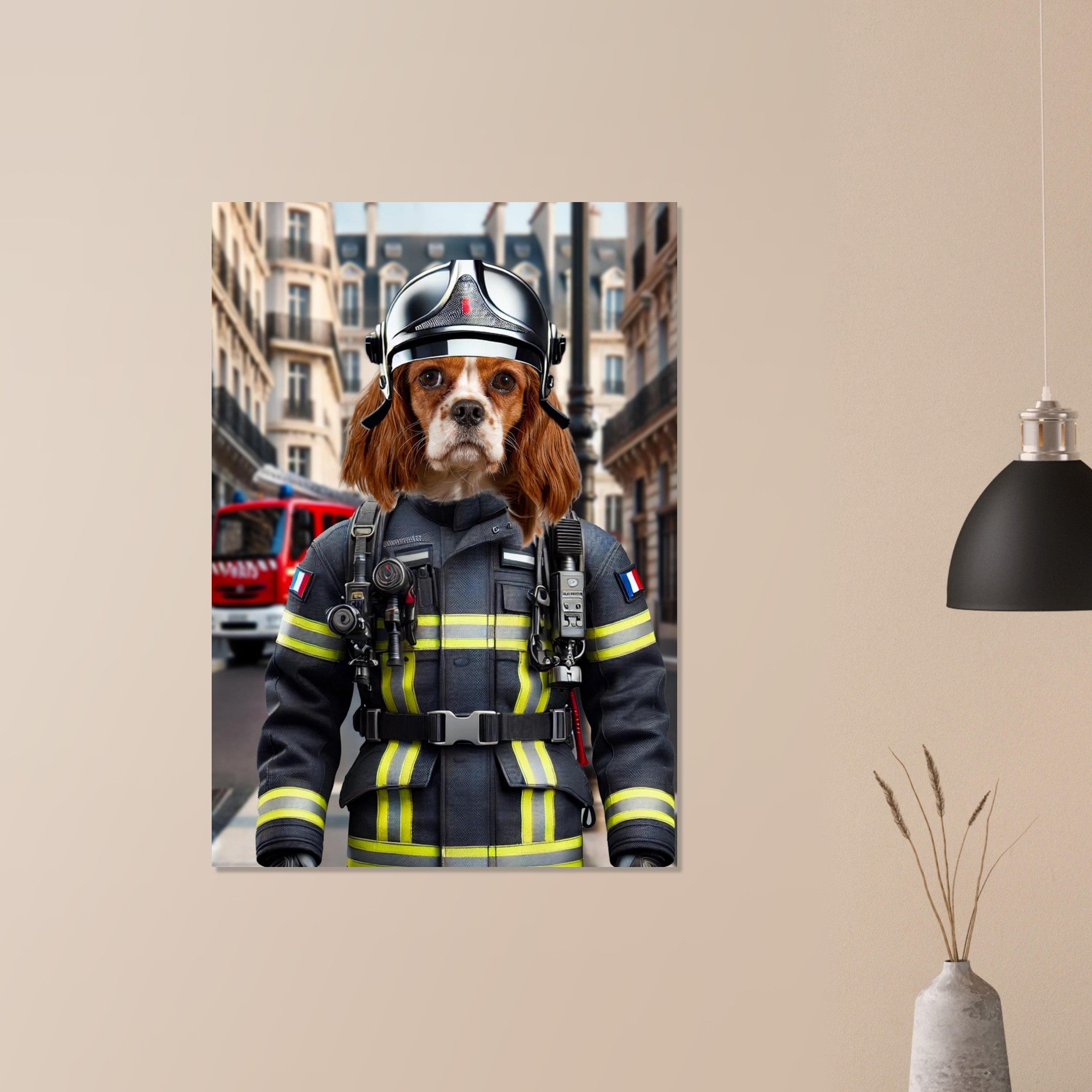 Chien de race Cavalier King Charles en tenue complète de pompier français (casque, tenue à bandes réfléchissantes, harnais et radio) debout devant un camion de pompiers dans une rue parisienne haussmannienne
