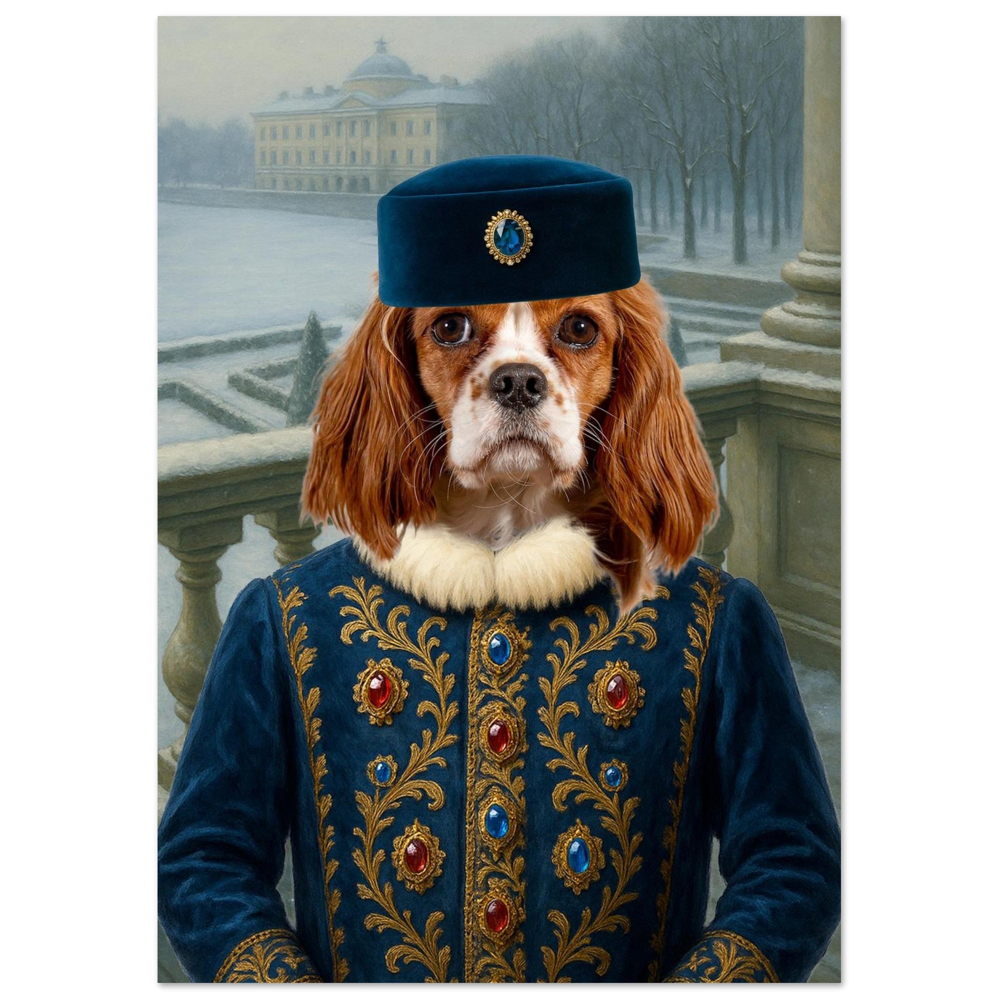 Portrait d’un chien Cavalier King Charles vêtu d’un costume aristocratique bleu brodé de motifs dorés et orné de pierres précieuses, coiffé d’un képi bleu, devant un jardin d’hiver enneigé.