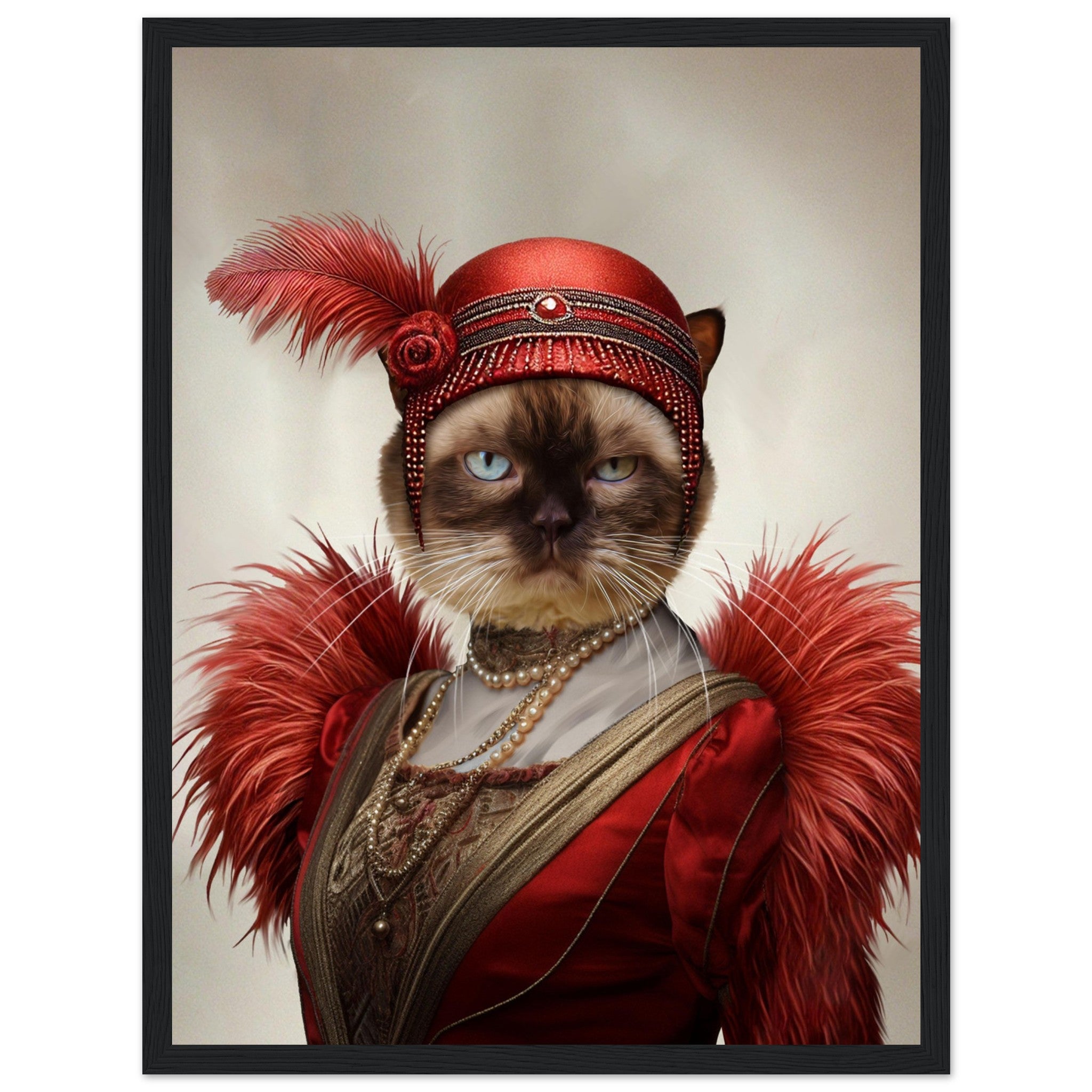 Portrait d'un chat en costume marin Charleston rouge, encadré en bois solide, imprimé en France, papier FSC de qualité.