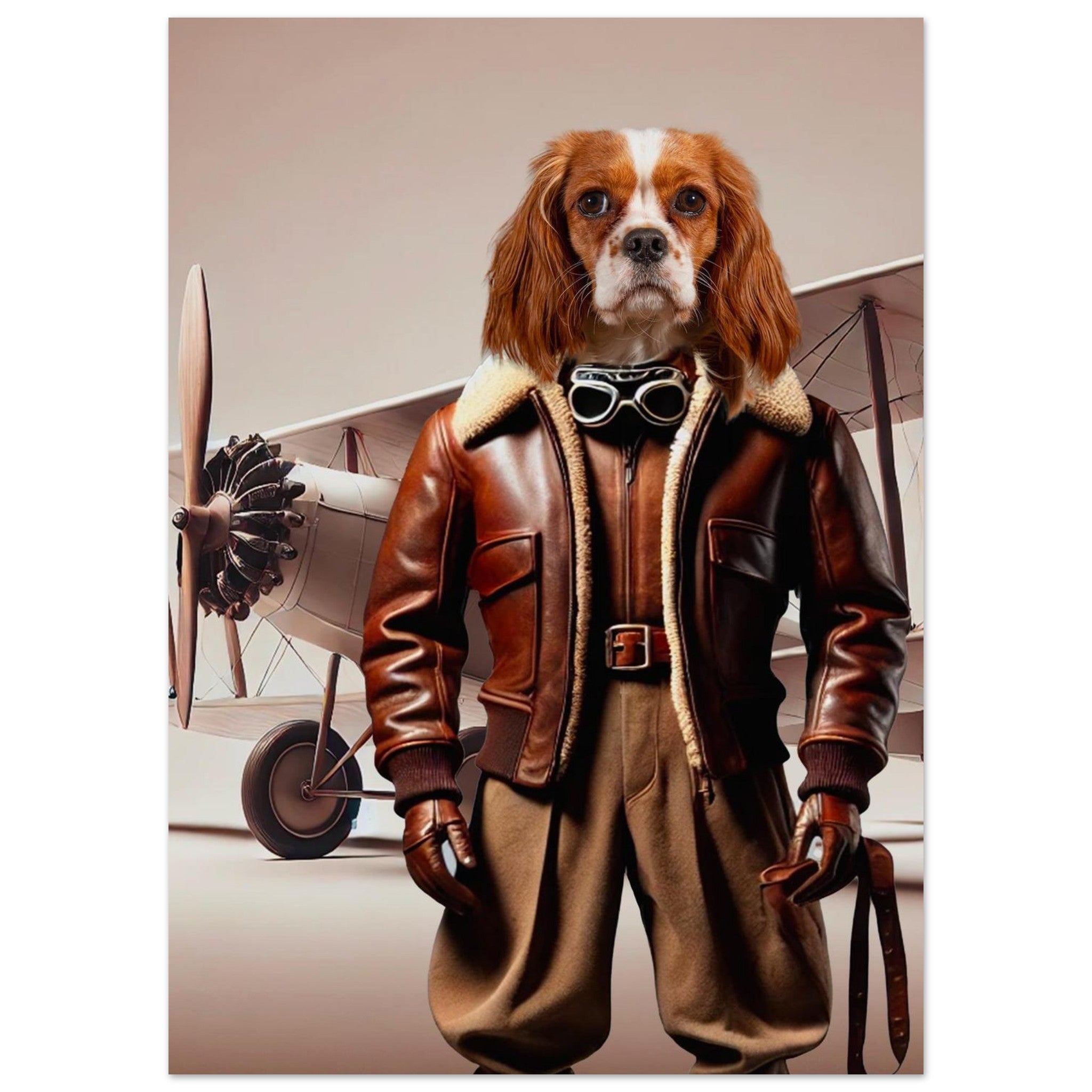 Chien Cavalier King Charles tricolore en tenue d’aviateur vintage (blouson cuir à col mouton, gants et lunettes) posant devant un biplan historique.
