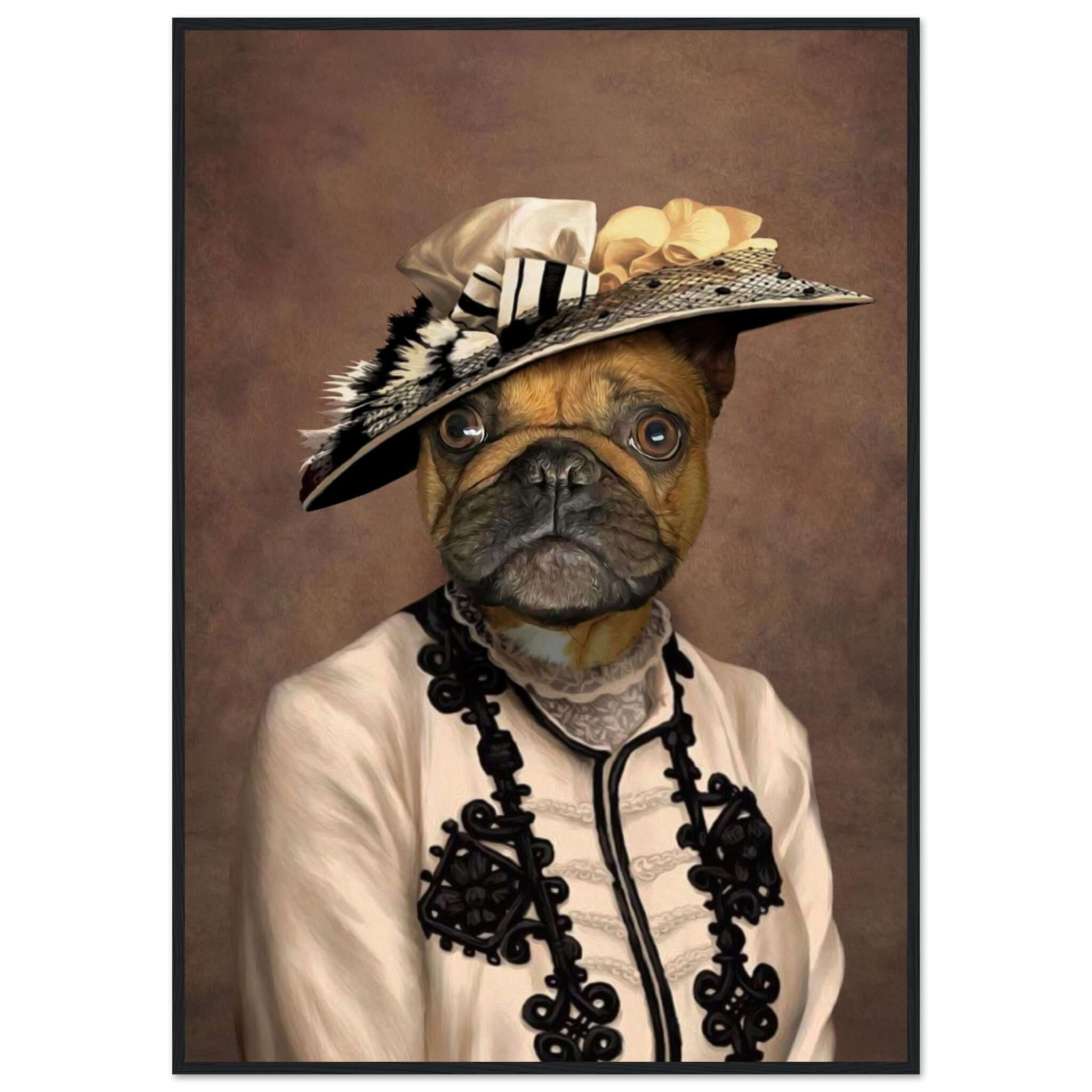 Poster "Cadre ANNEES FOLLES" avec chien vêtu en tenue vintage, imprimé en France sur papier FSC, cadre en bois prêt à accrocher.