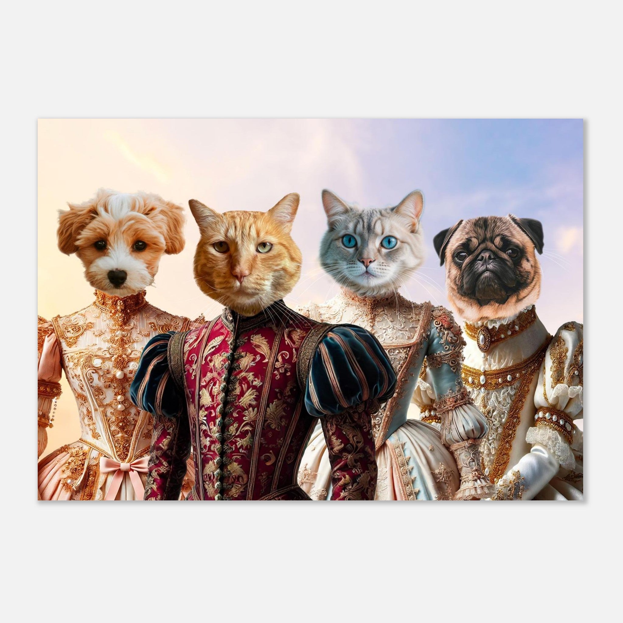 Portrait humoristique de deux chats (un roux et un gris aux yeux bleus) et de deux chiens (un bichon joufflu et un carlin) vêtus de somptueuses tenues Renaissance brodées et dorées, sur fond de ciel pastel.