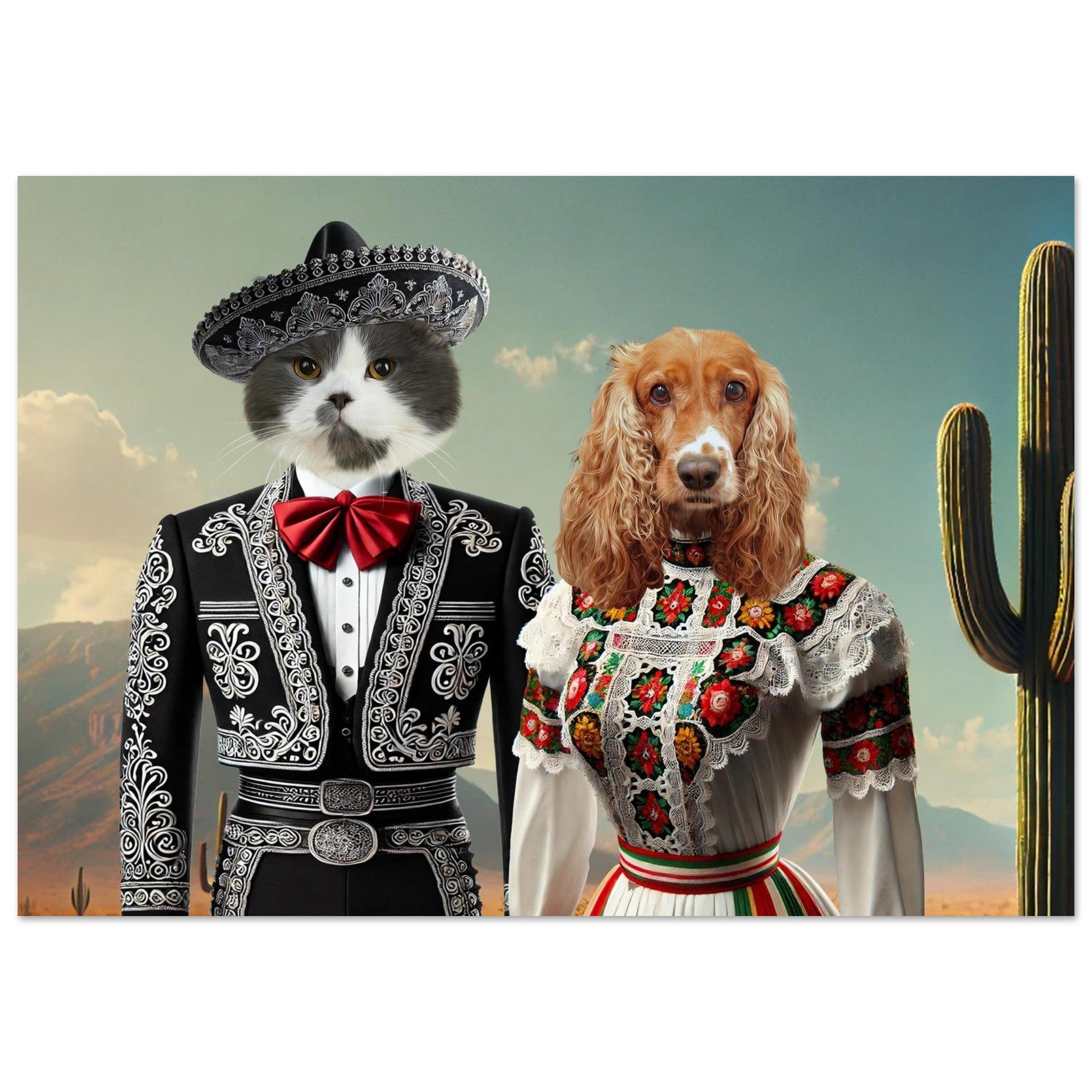 Chat anthropomorphe vêtu d’un costume de mariachi noir orné de broderies blanches et de chapeau sombrero, à côté d’un chien en robe folklorique mexicaine blanche à dentelle et broderies florales, sur fond de désert avec cactus.
