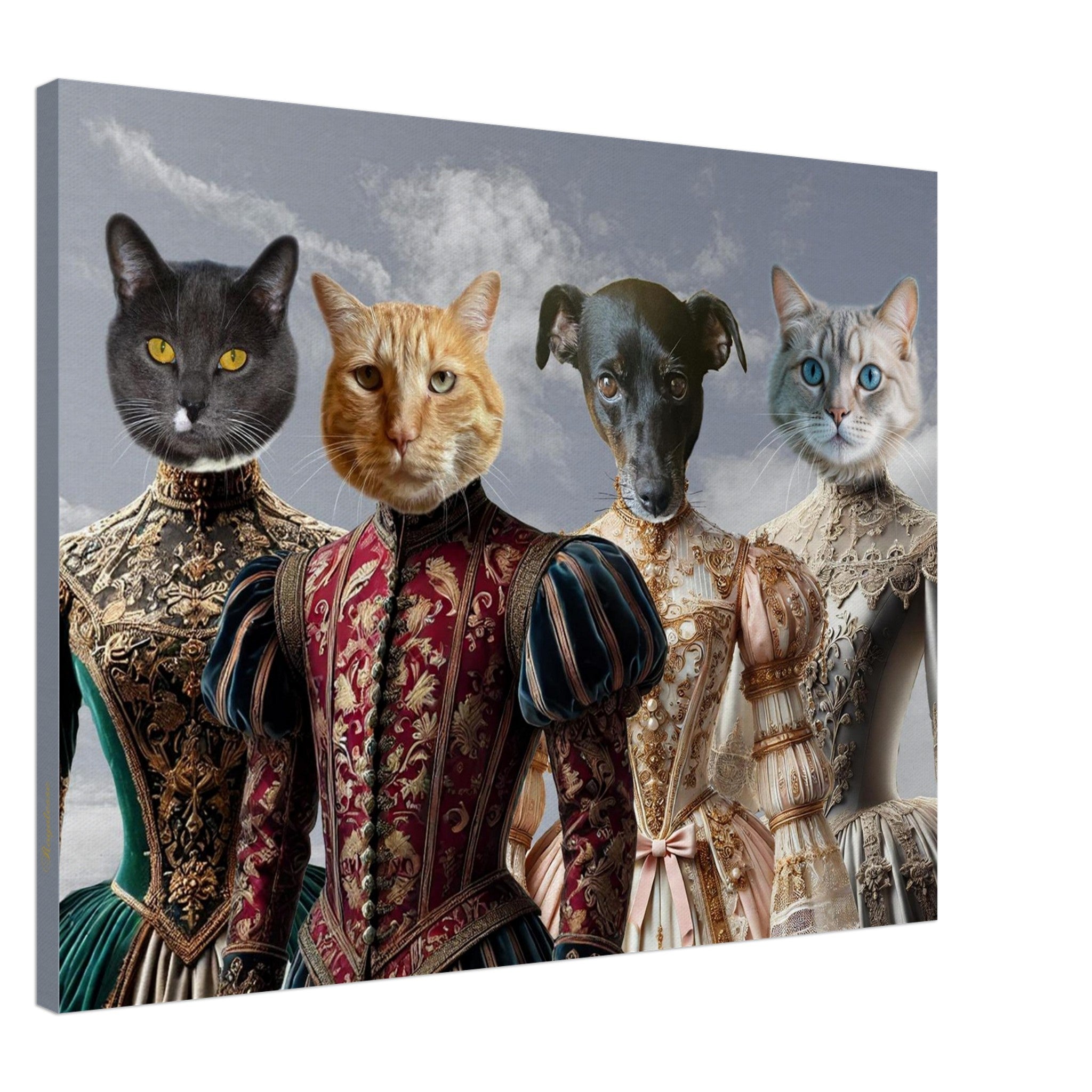 Quatre figures anthropomorphes – trois chats (gris, roux et blanc aux yeux bleus) et un petit chien noir – vêtus de somptueuses robes Renaissance brodées, posant devant un ciel nuageux.