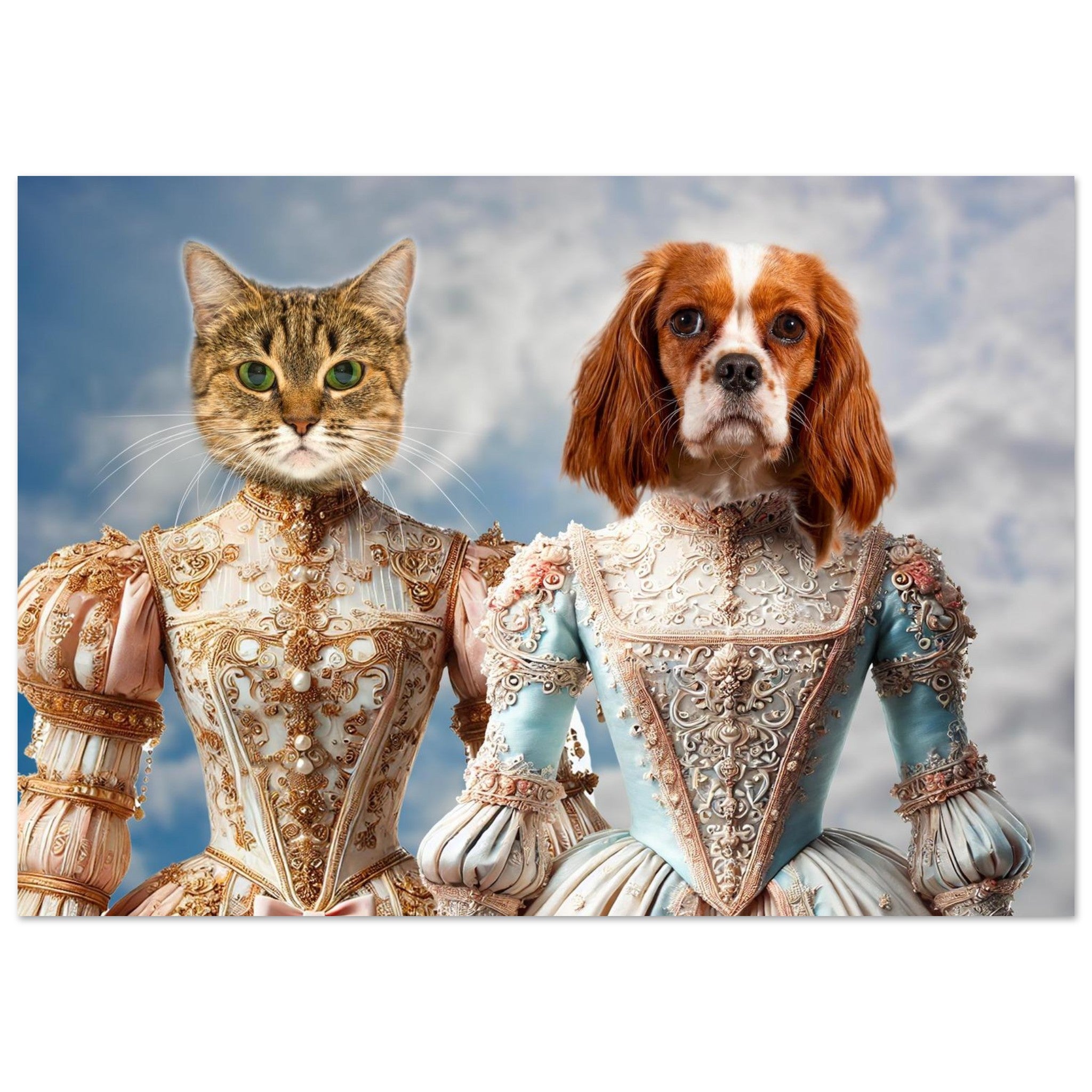 Chat tigré et chien Cavalier King Charles en robes baroques pastel richement ornées de perles et broderies dorées sur fond de ciel nuageux
